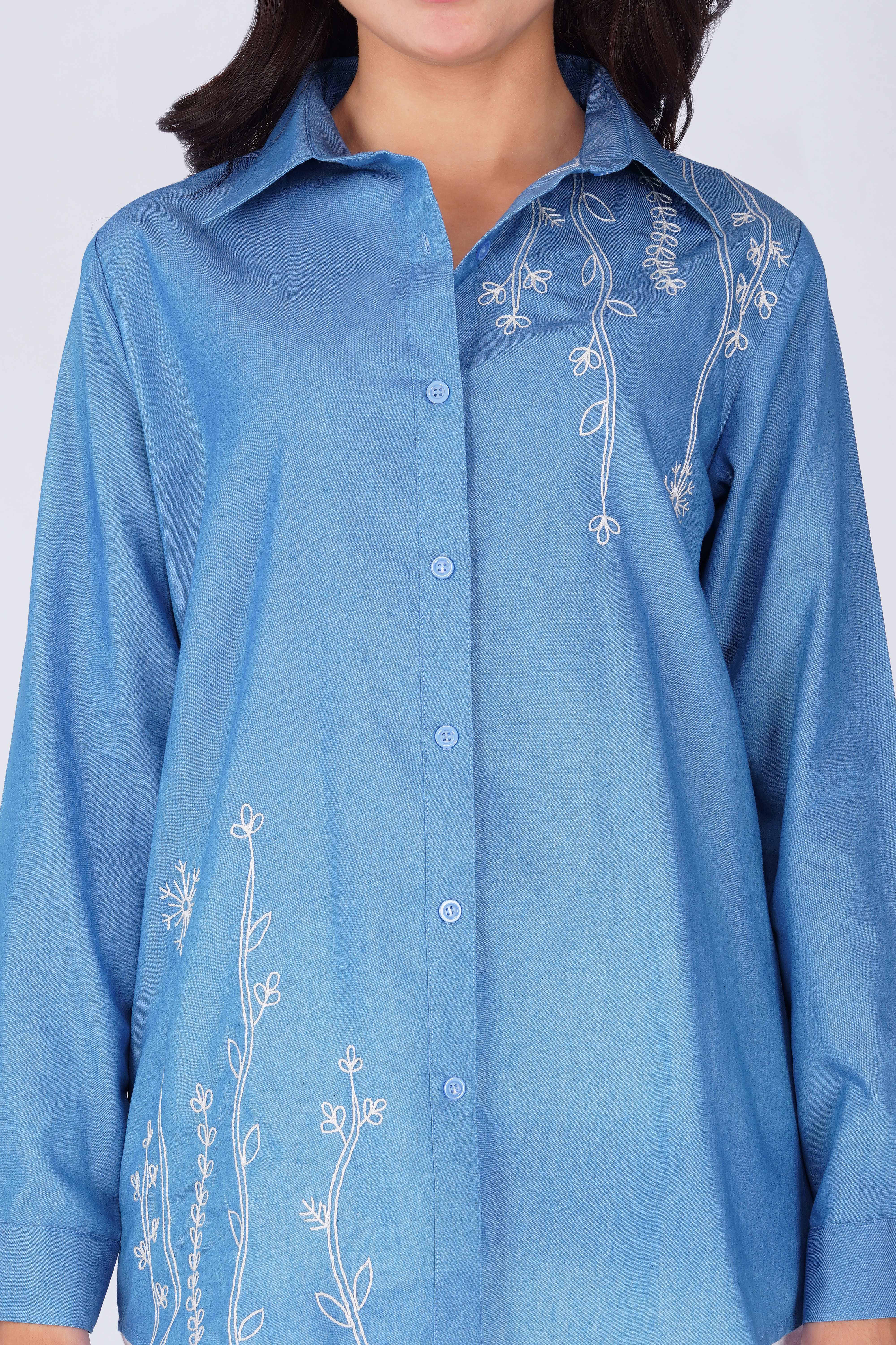 Botanical Embroidered Button Down Cotton Chambray Shirt