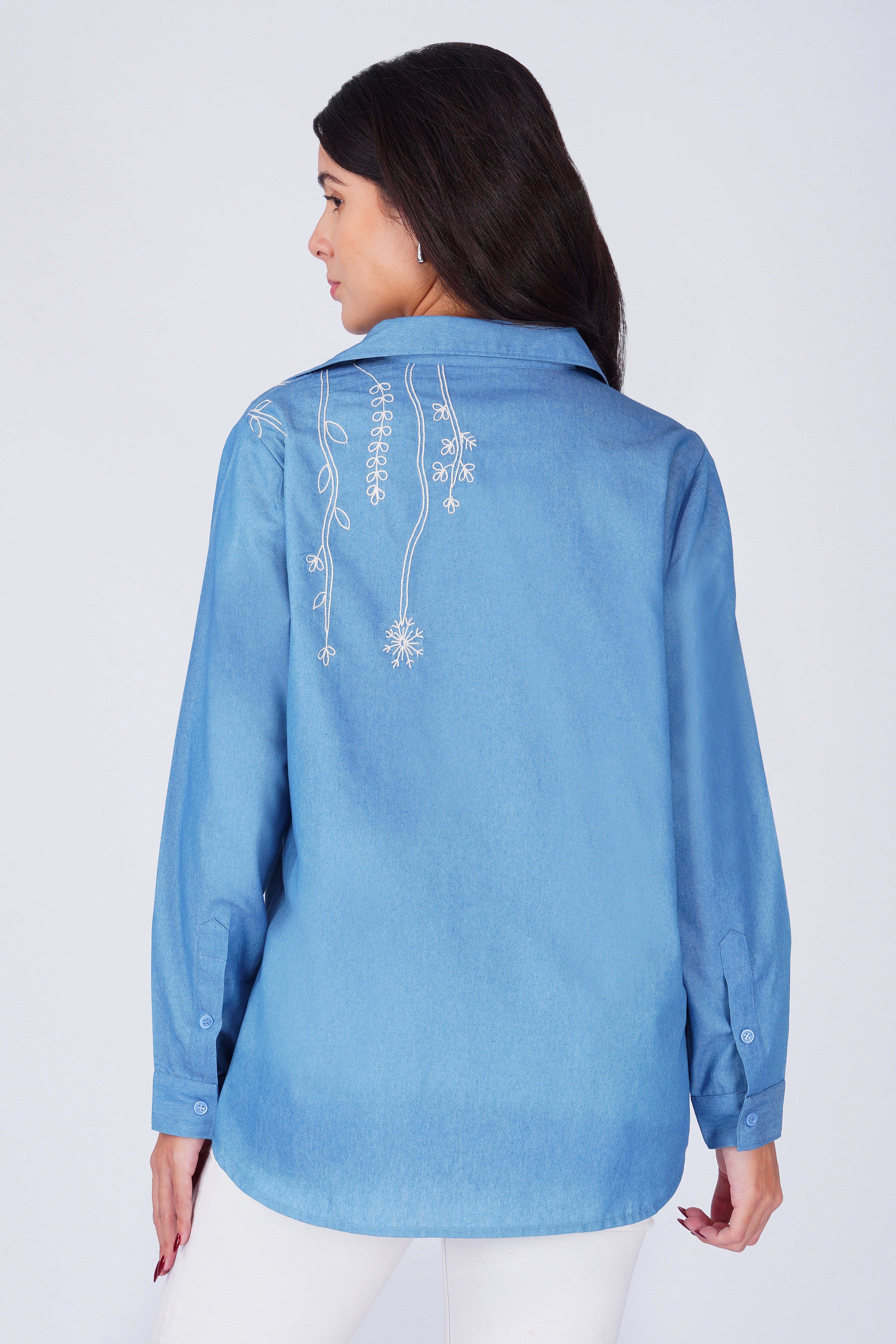 Botanical Embroidered Button Down Cotton Chambray Shirt