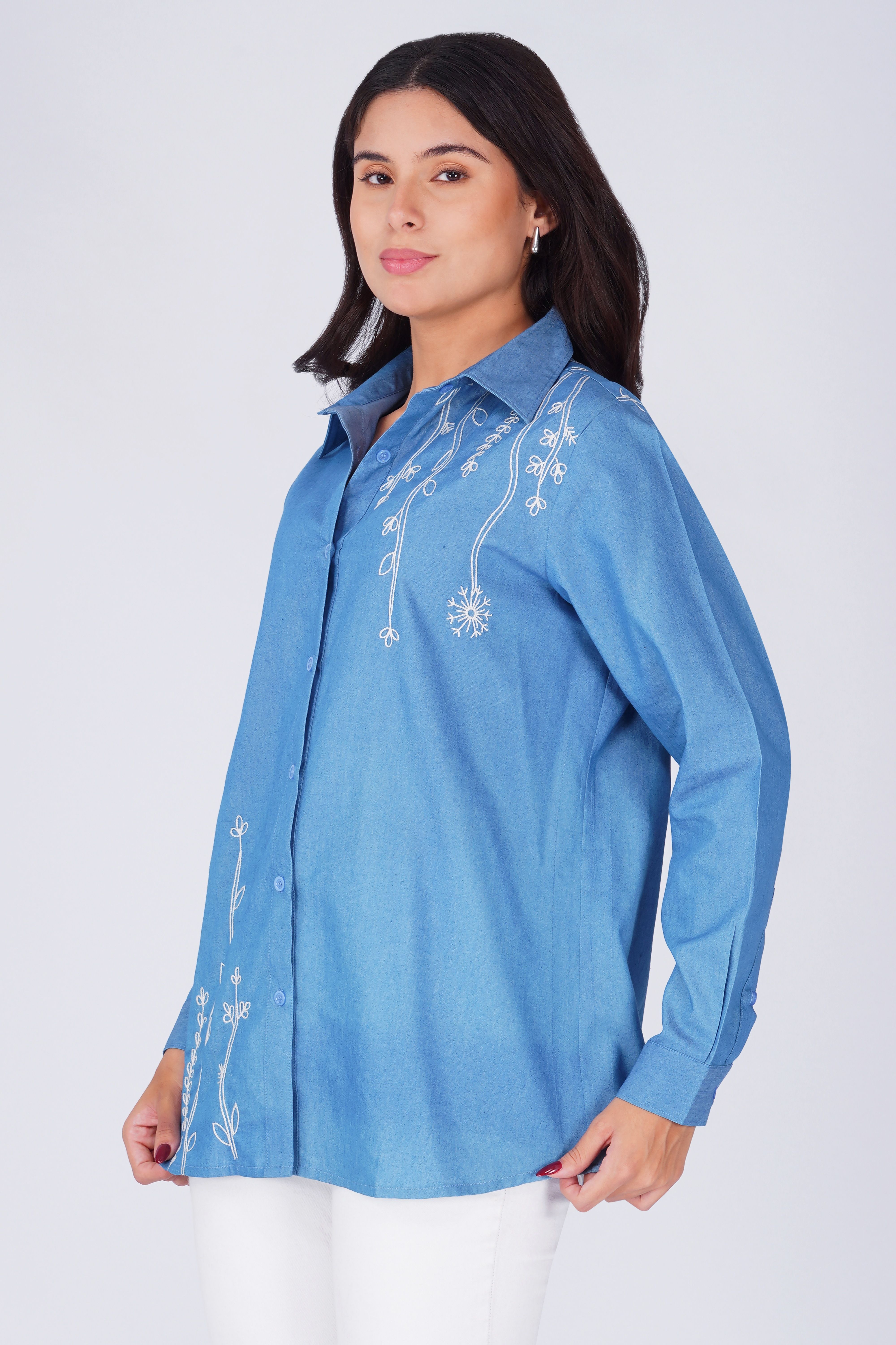 Botanical Embroidered Button Down Cotton Chambray Shirt