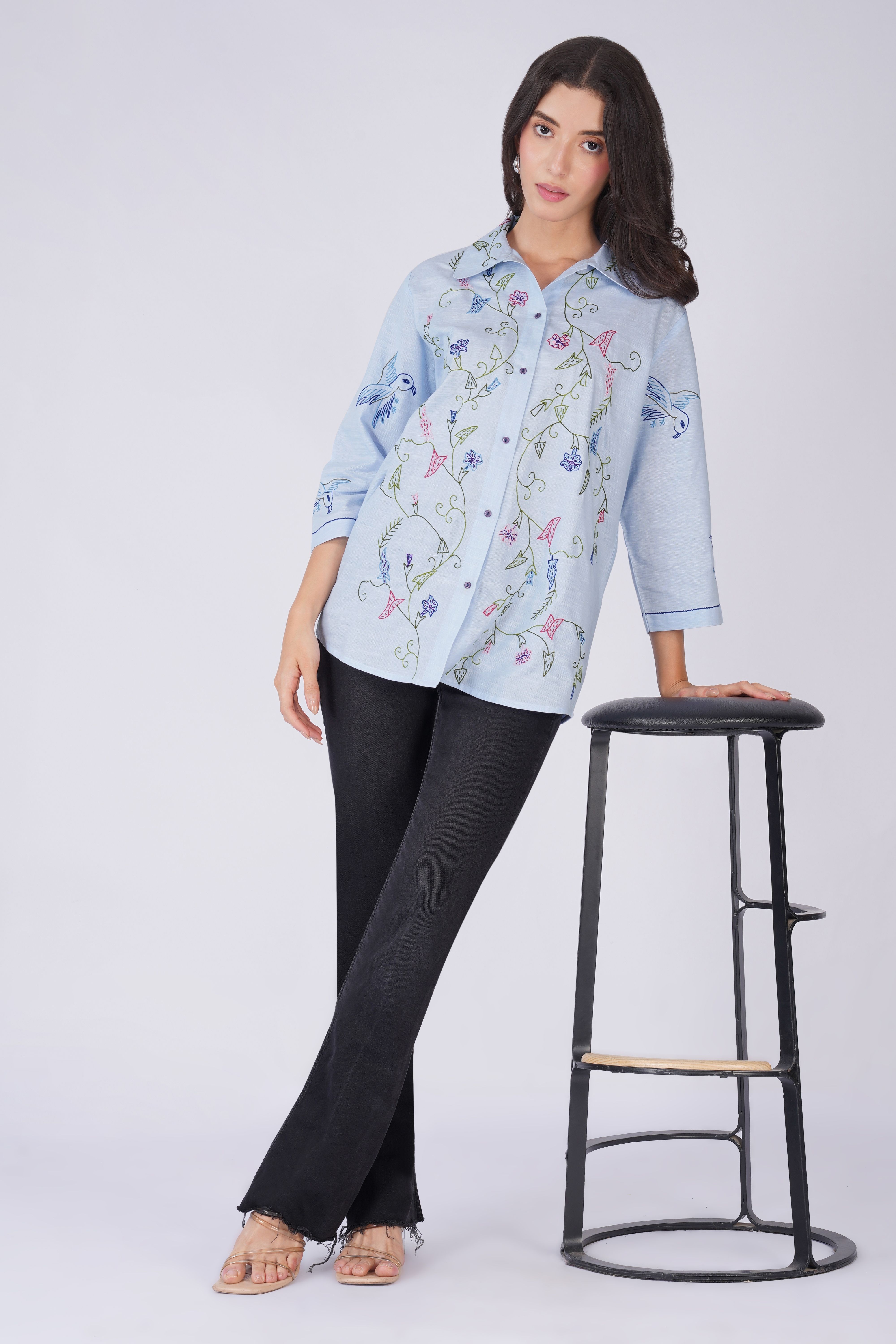 Floral and Bird Embroidered Button Down Cotton Linen Casual Shirt