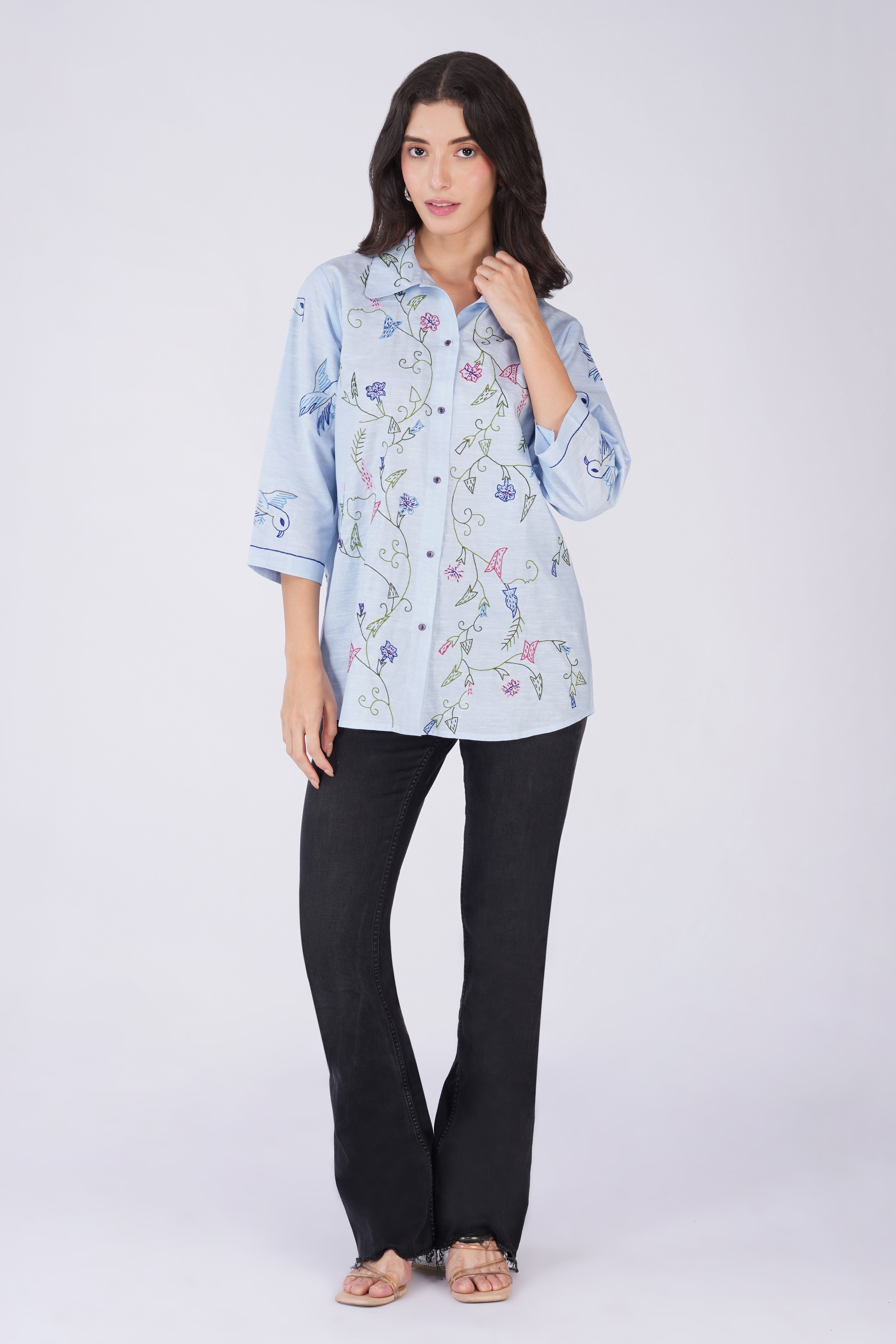 Floral and Bird Embroidered Button Down Cotton Linen  Casual Shirt
