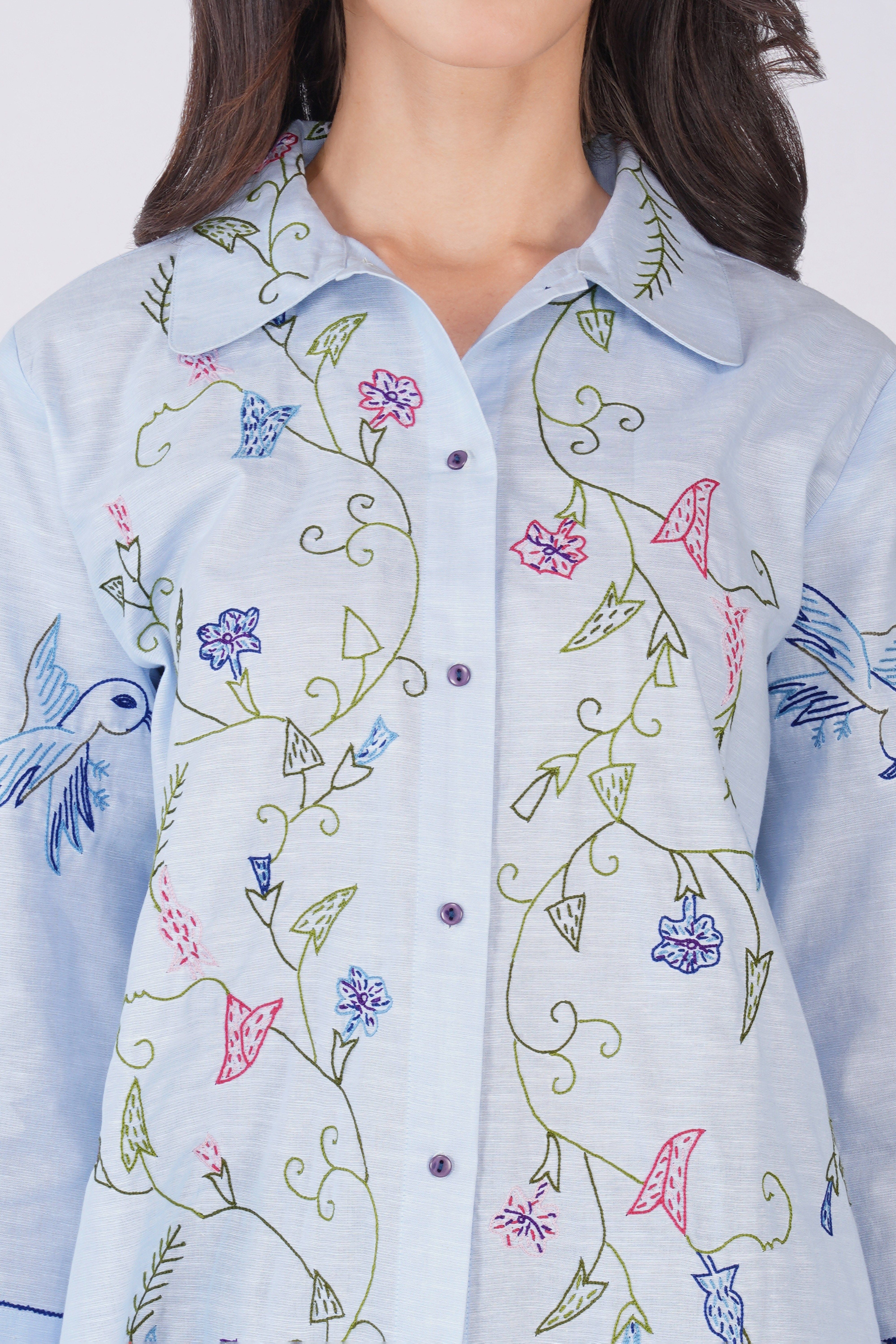 Floral and Bird Embroidered Button Down Cotton Linen  Casual Shirt