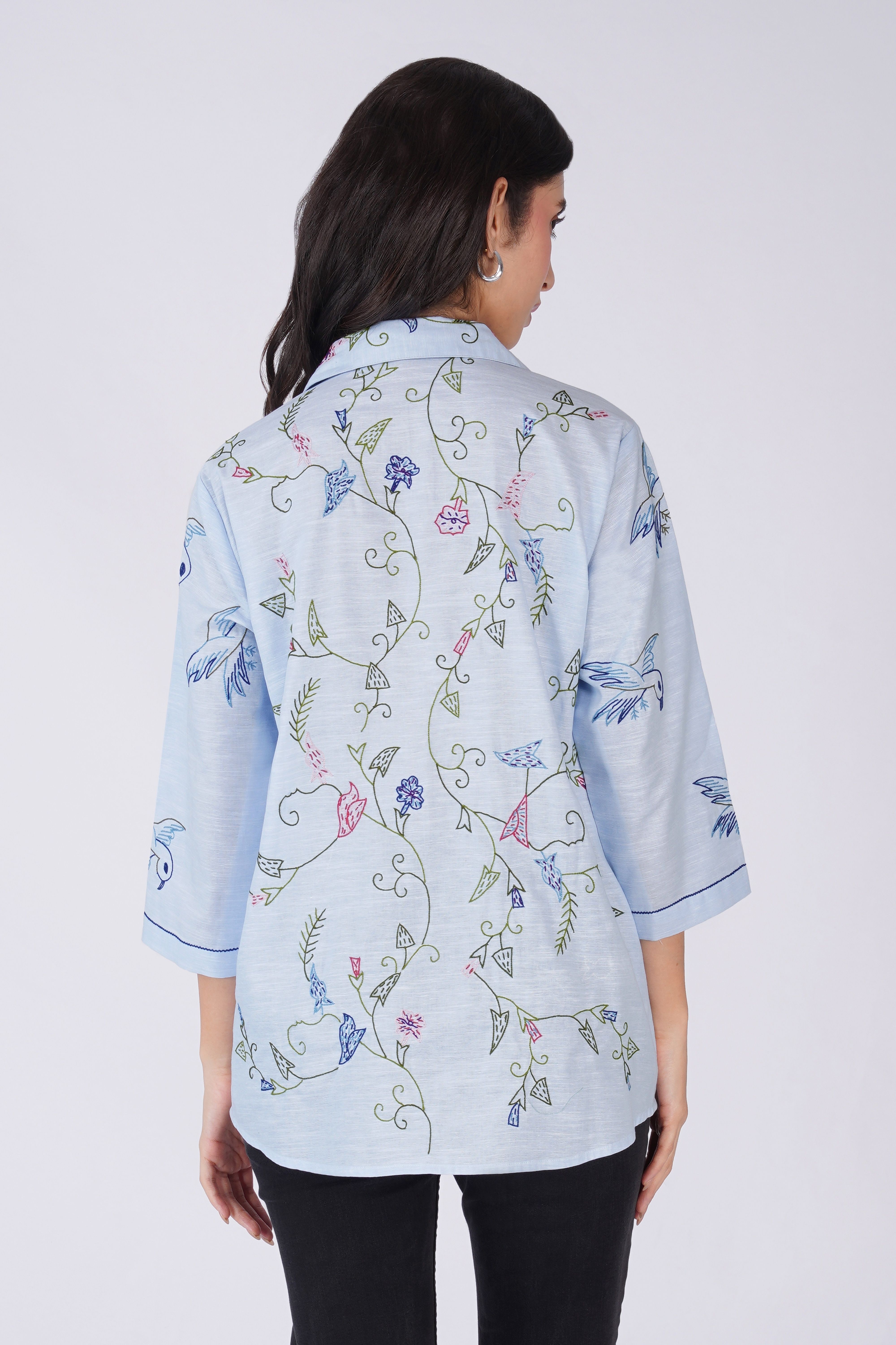 Floral and Bird Embroidered Button Down Cotton Linen  Casual Shirt