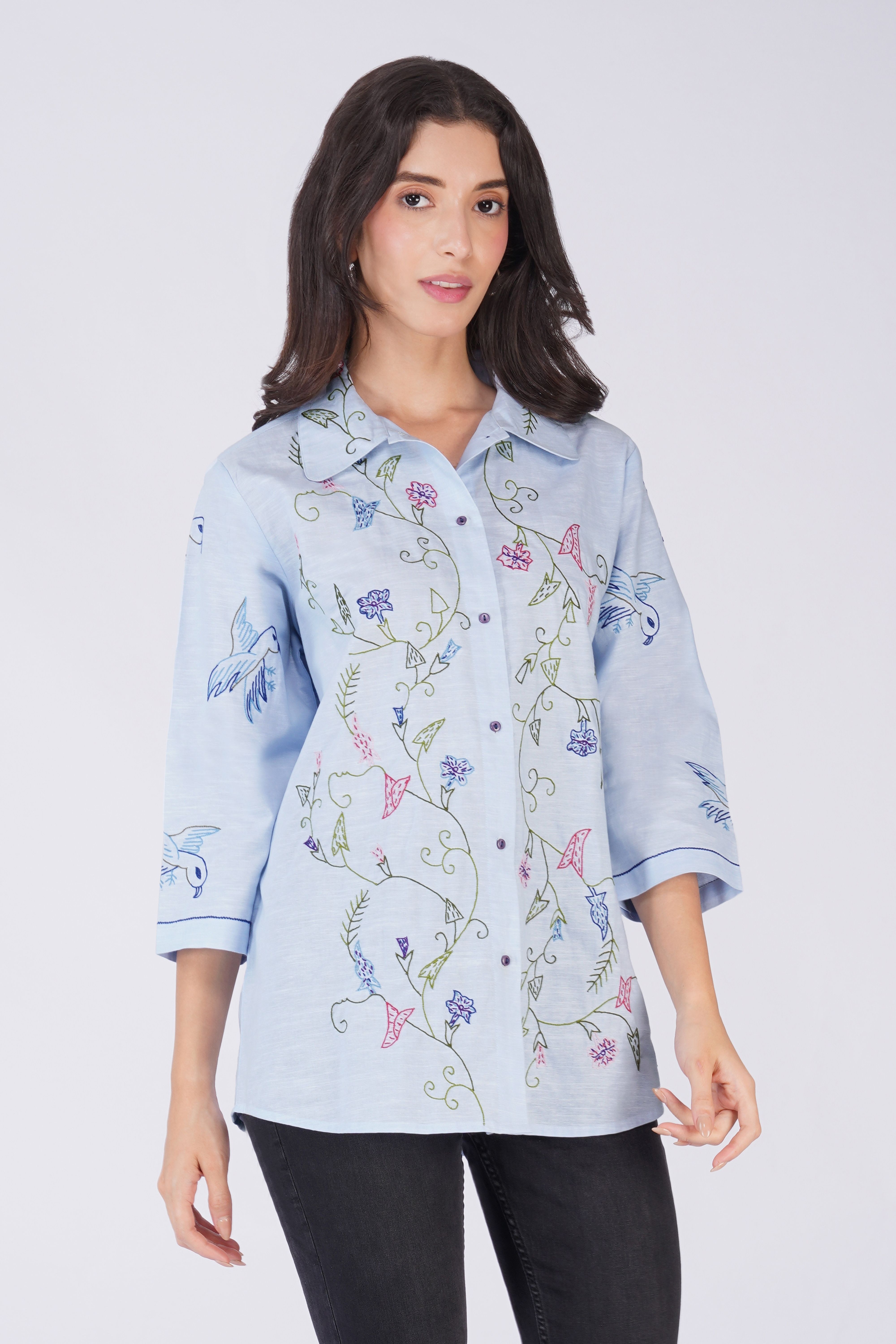 Floral and Bird Embroidered Button Down Cotton Linen  Casual Shirt