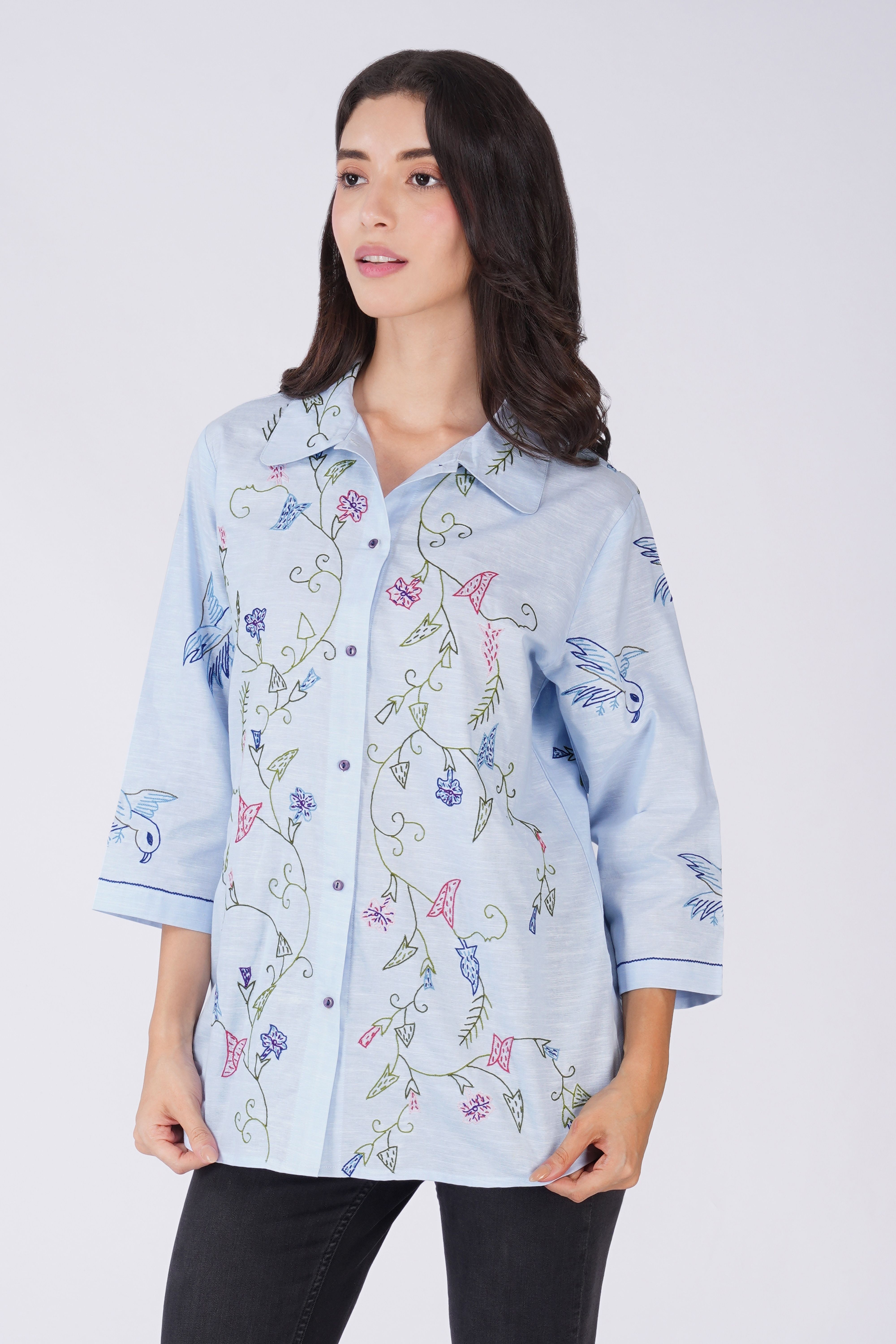 Floral and Bird Embroidered Button Down Cotton Linen  Casual Shirt