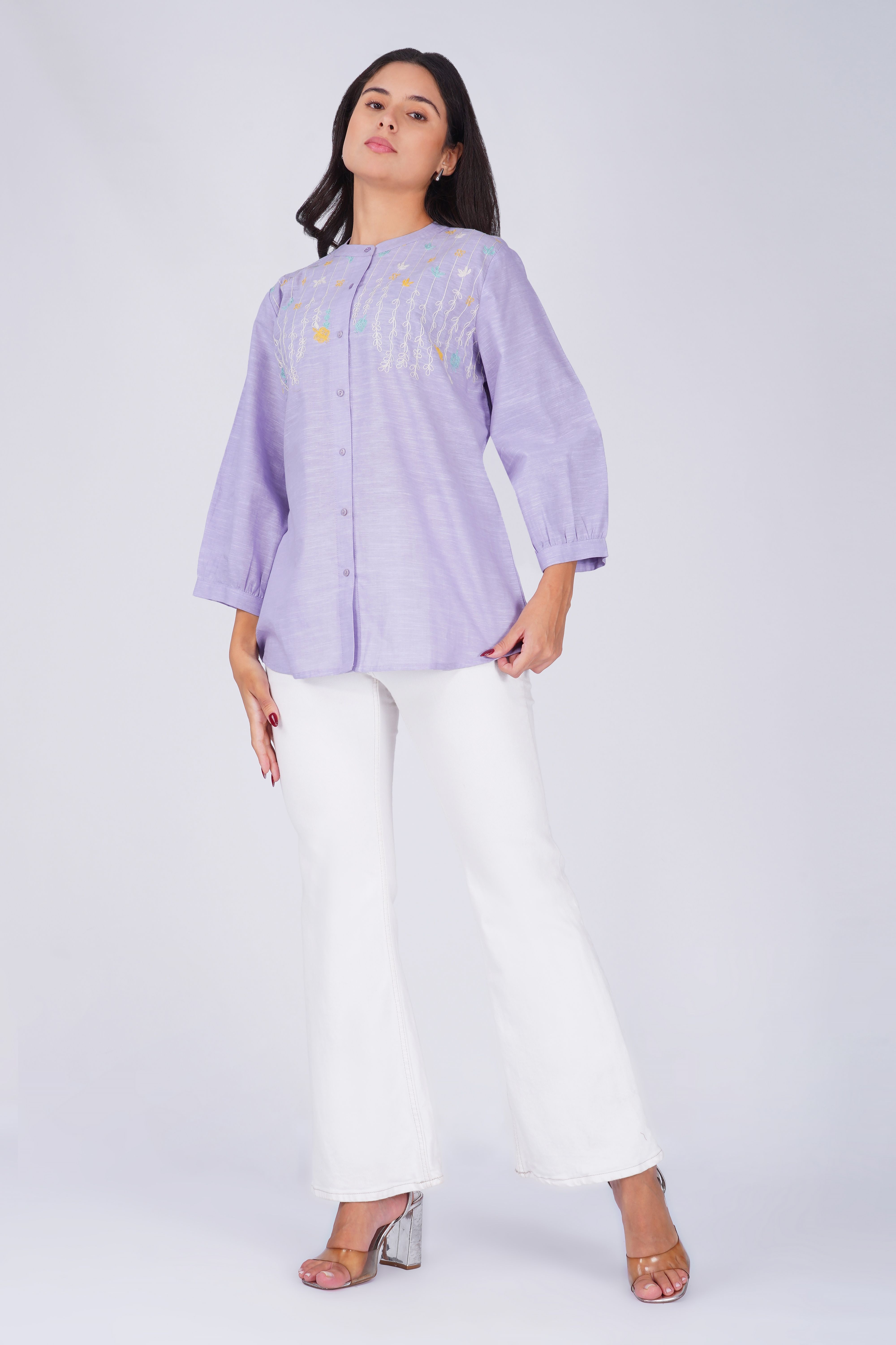 Floral Embroidered Mandarin Collar Liliac Linen Cotton Casual Shirt
