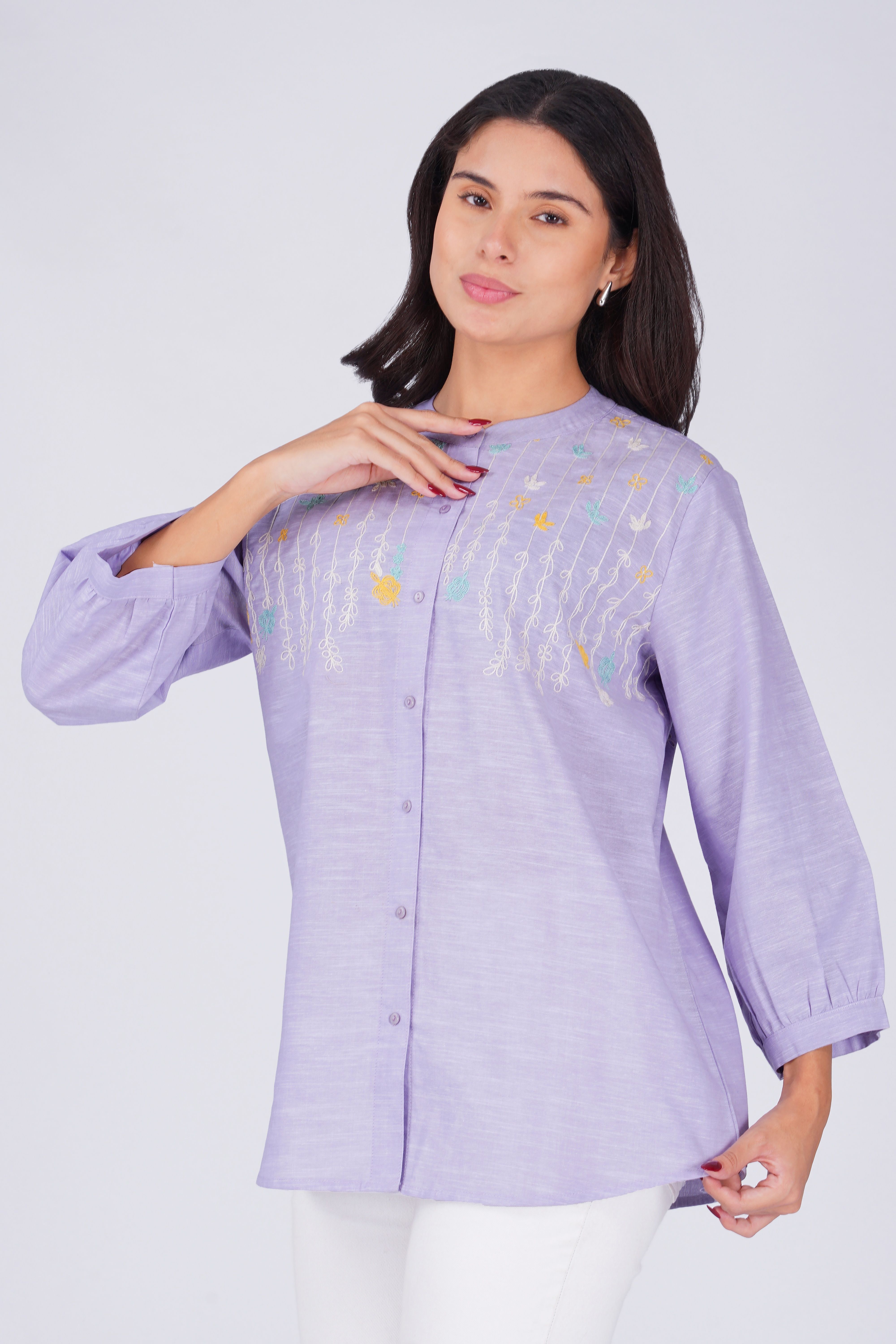 Floral Embroidered Mandarin Collar Liliac Linen Cotton Casual Shirt