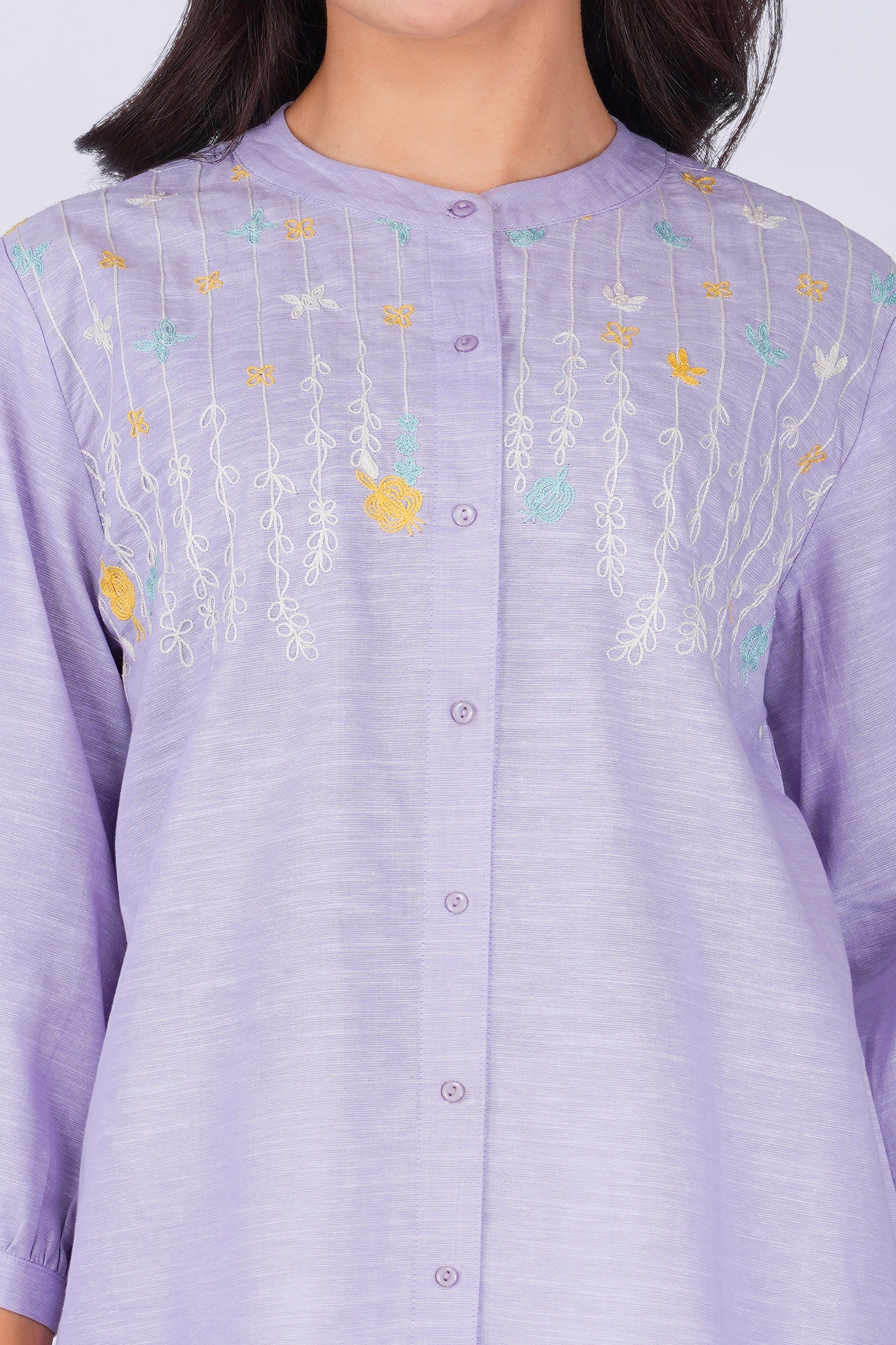 Floral Embroidered Mandarin Collar Liliac Linen Cotton Casual Shirt