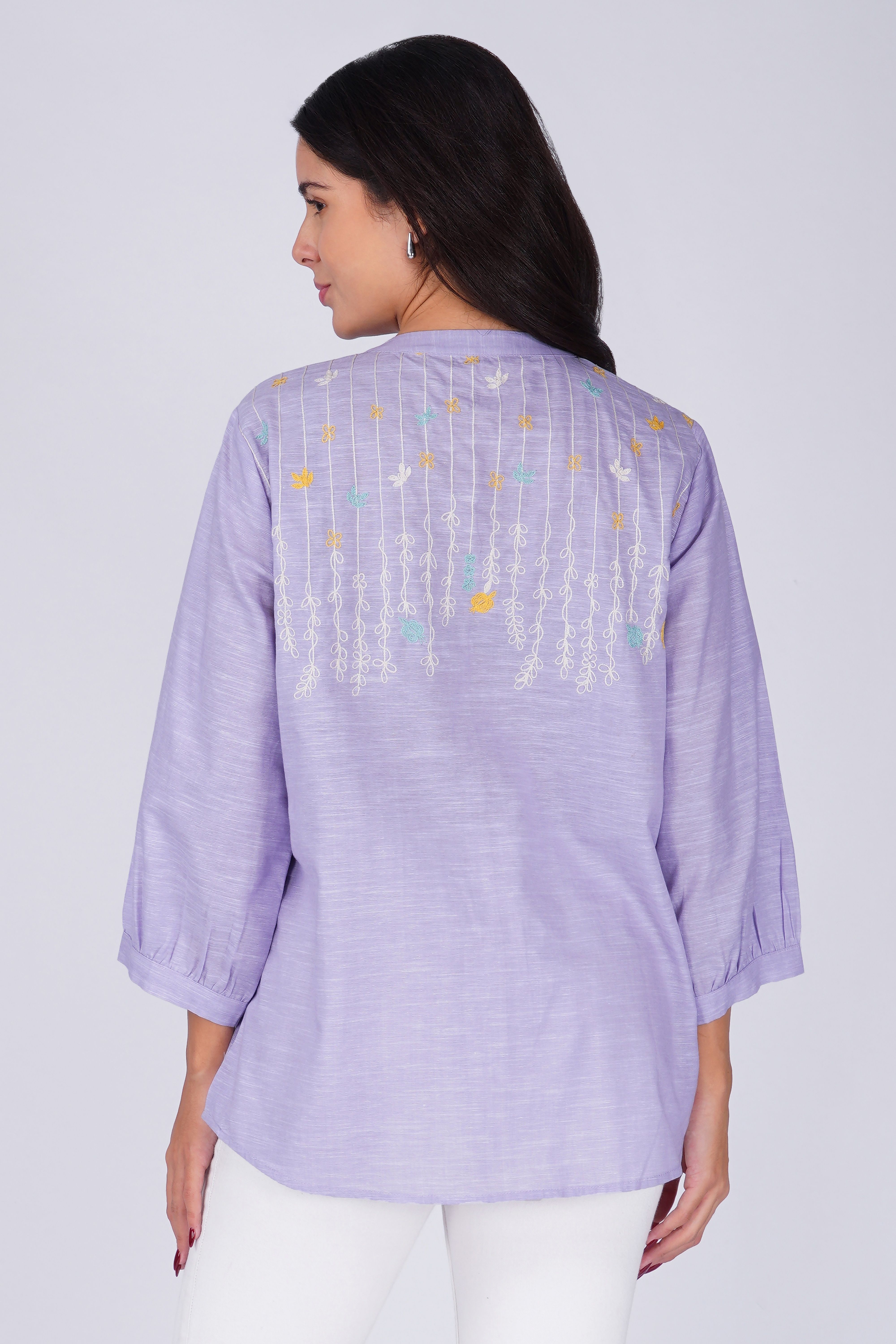 Floral Embroidered Mandarin Collar Liliac Linen Cotton Casual Shirt