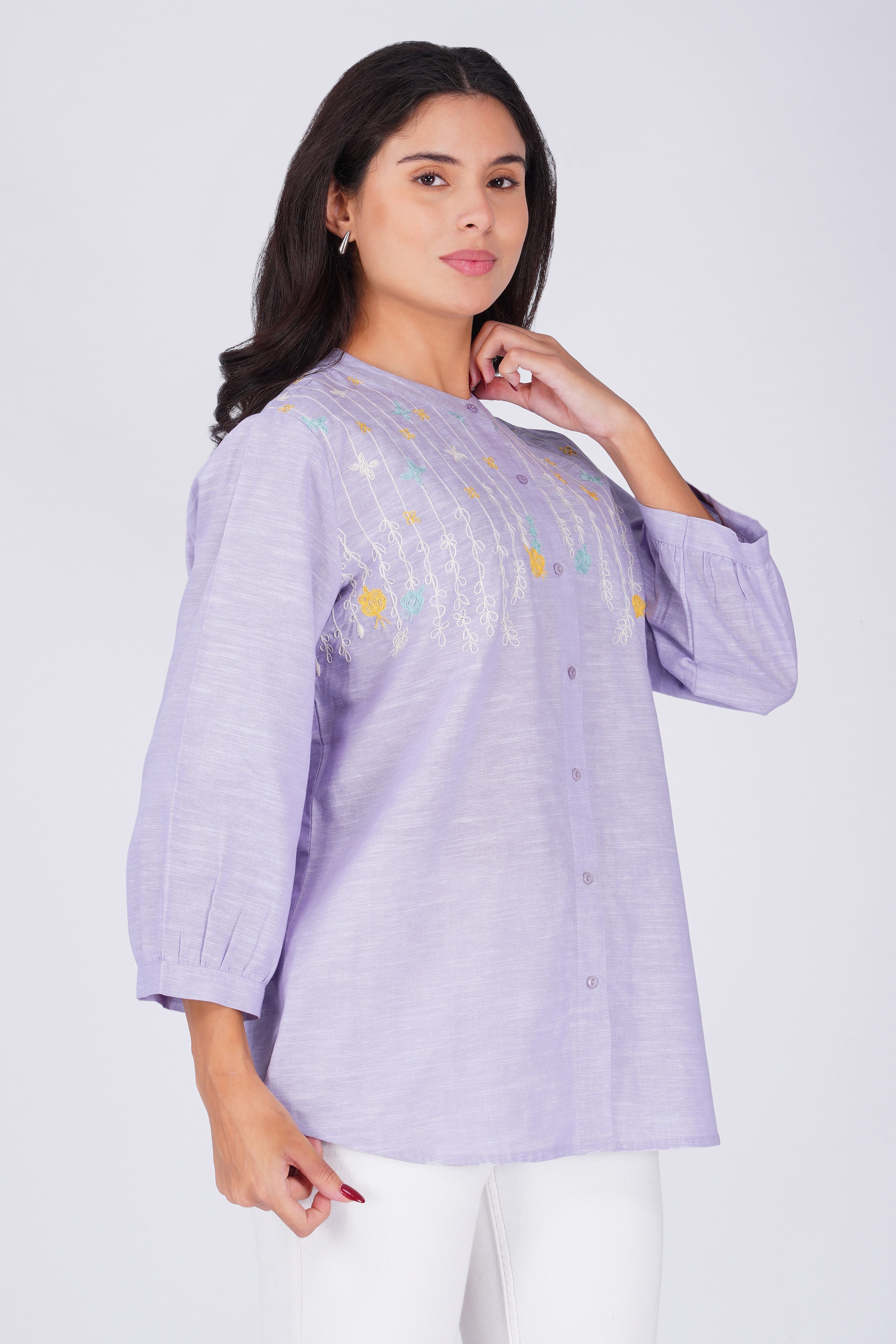Floral Embroidered Mandarin Collar Liliac Linen Cotton Casual Shirt