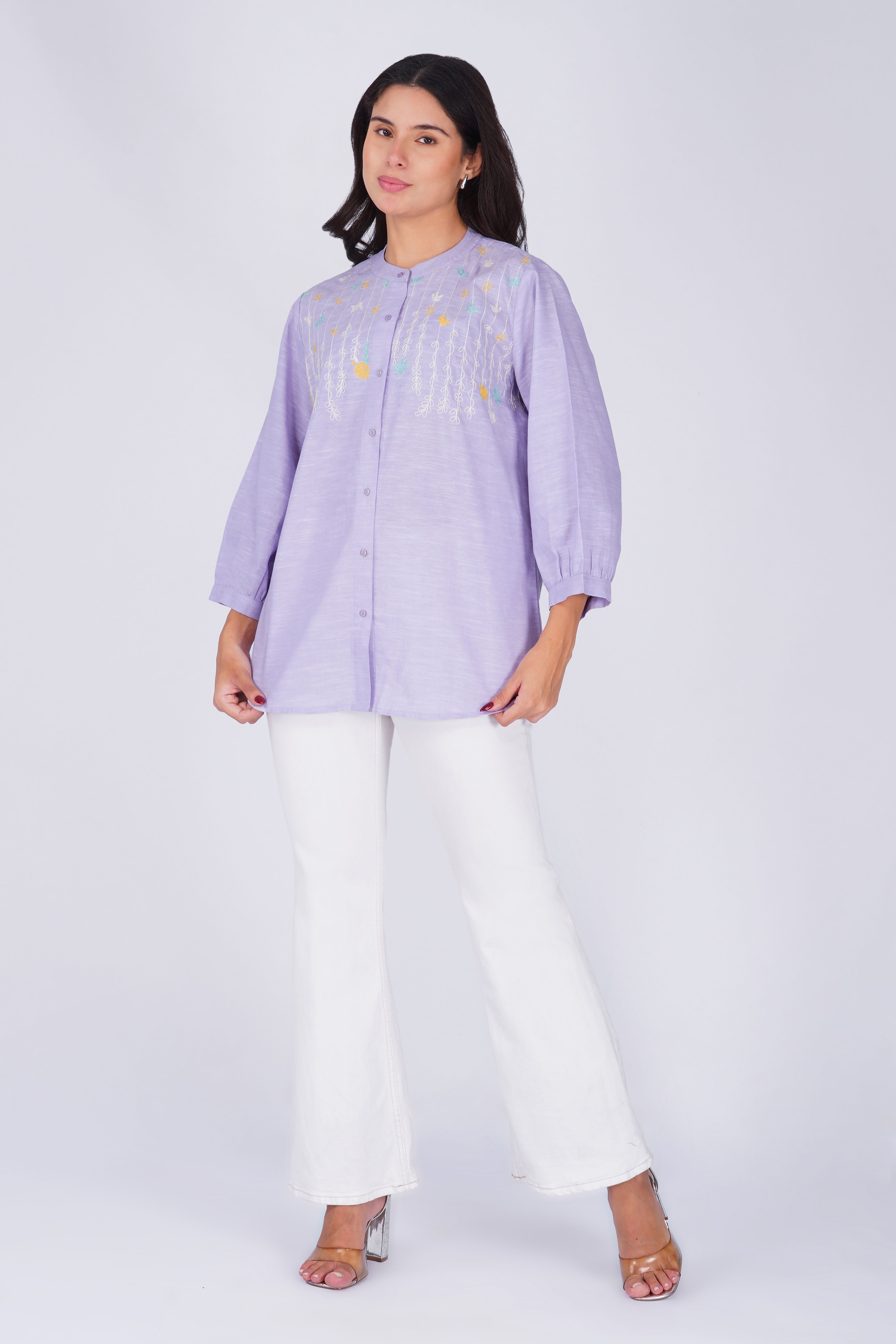 Floral Embroidered Mandarin Collar Liliac Linen Cotton Casual Shirt