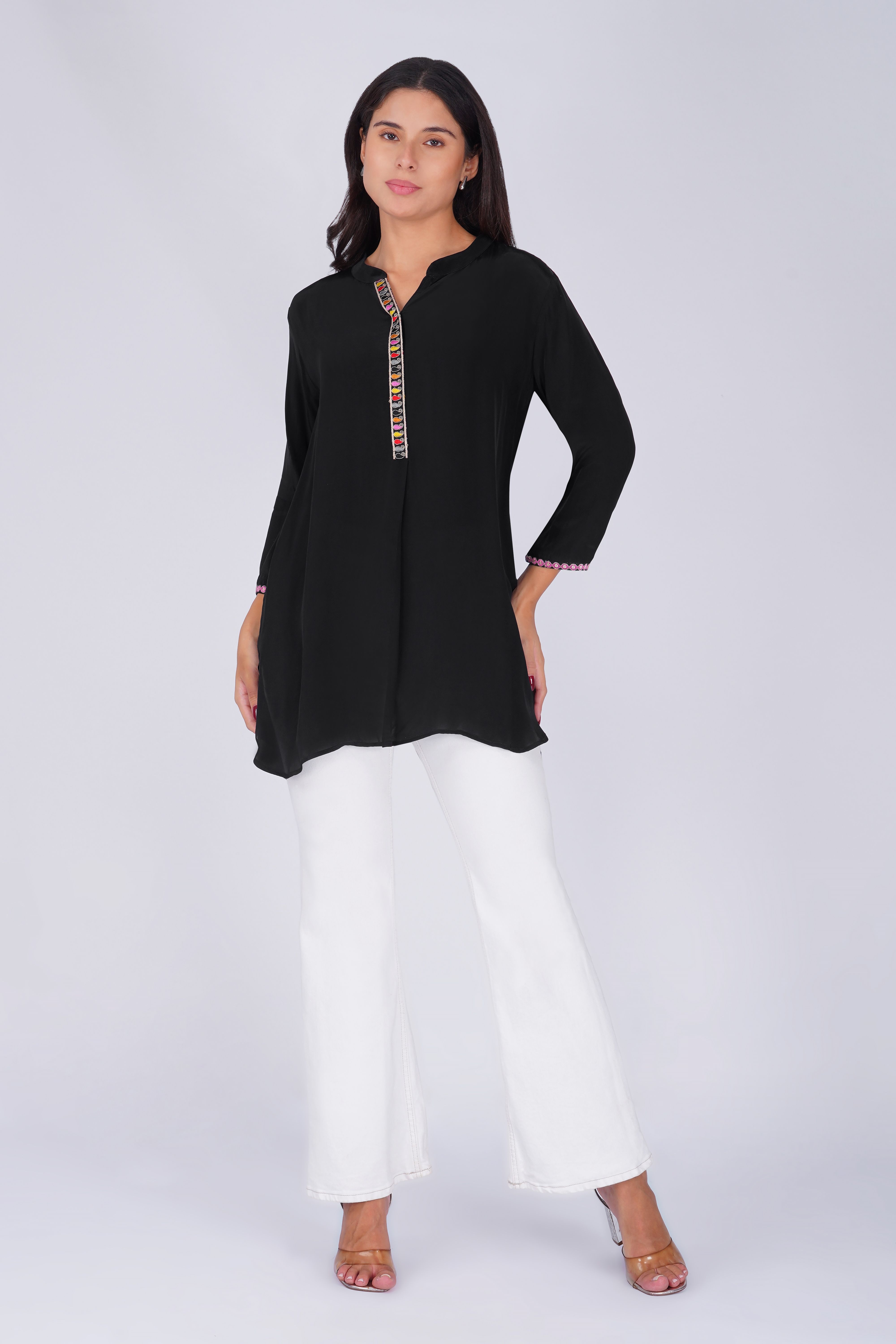 Embroidered Placket Poly Silk Black Tunic