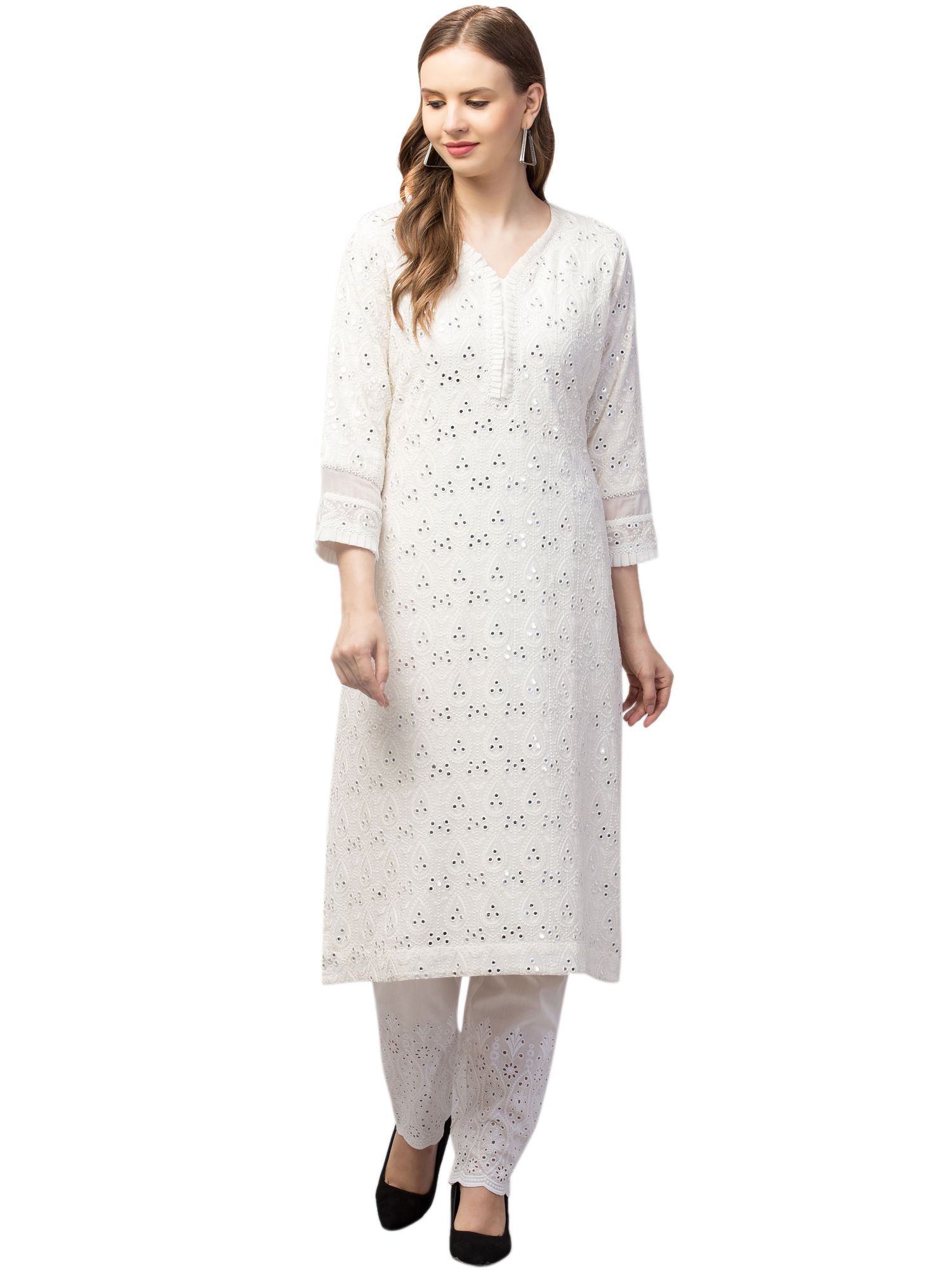 Women’s White Chikankari Embroidered Straight Kurta Pant Set