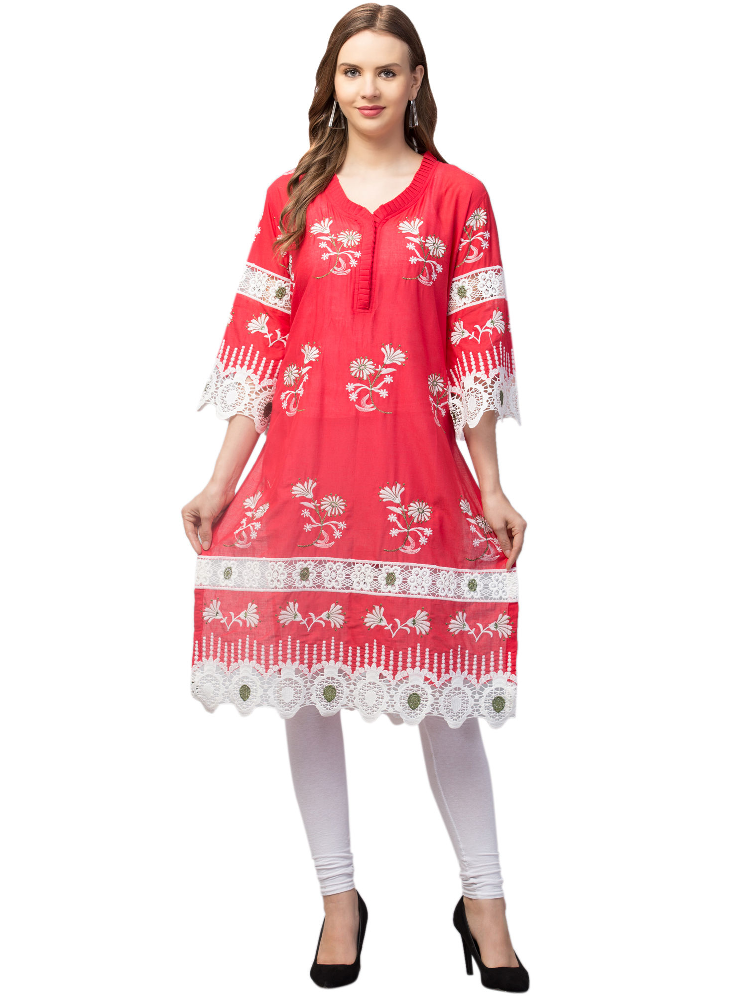 Women’s Floral Embroidered Straight Kurti with Lace Detailing