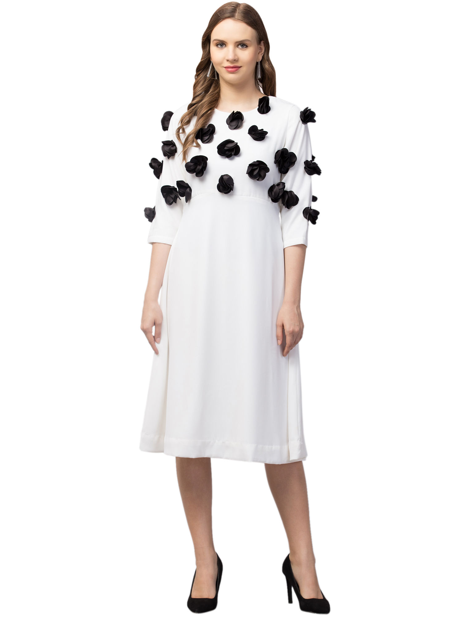 Women’s White Black Floral Detail Midi Dress