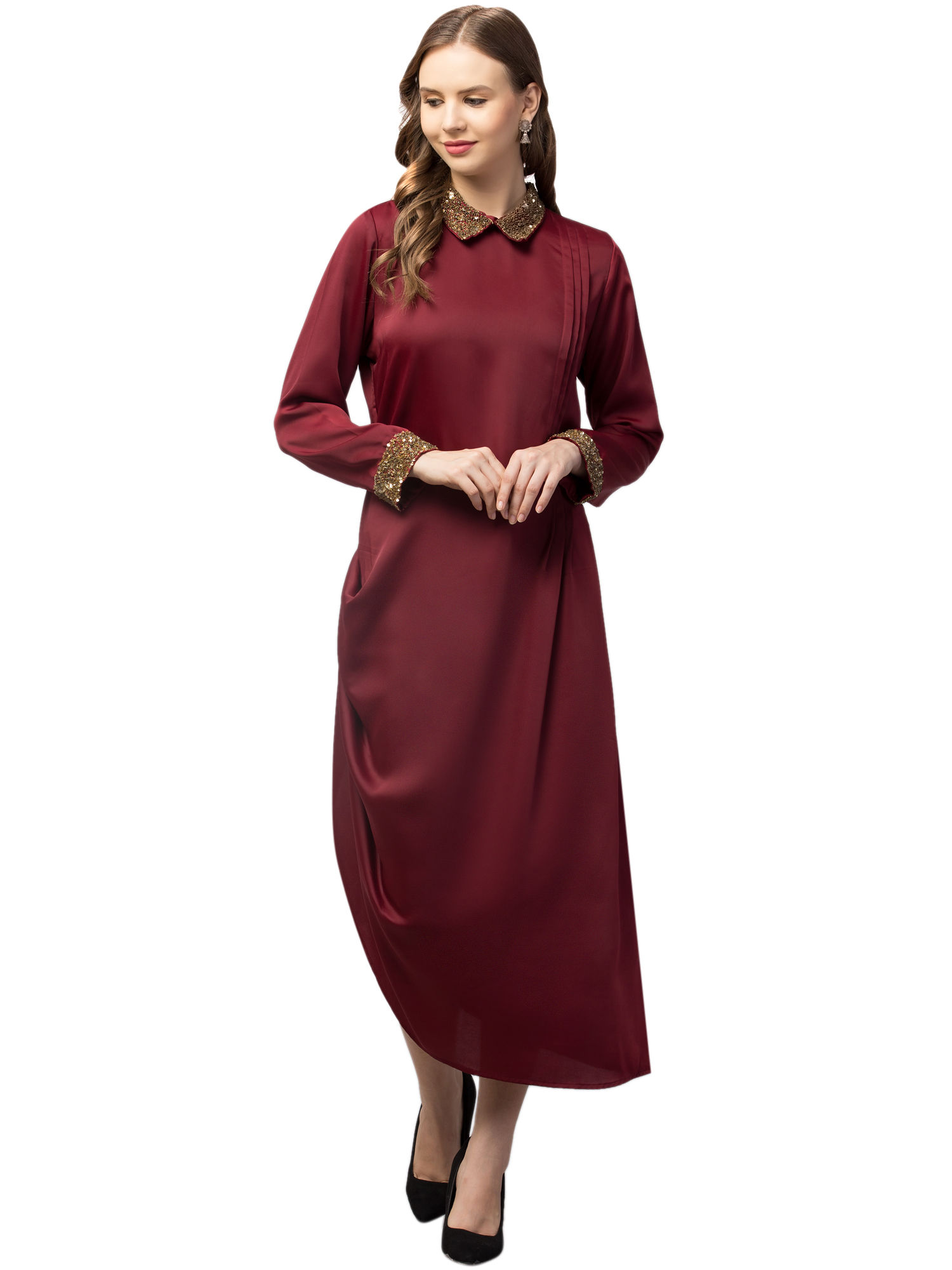 Women’s Embellished Collar Full-Sleeve Midi Dress