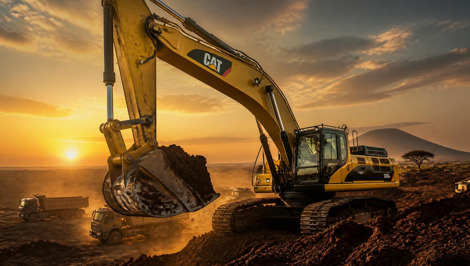 Excavator loading soil on a large earthmoving site at sunset