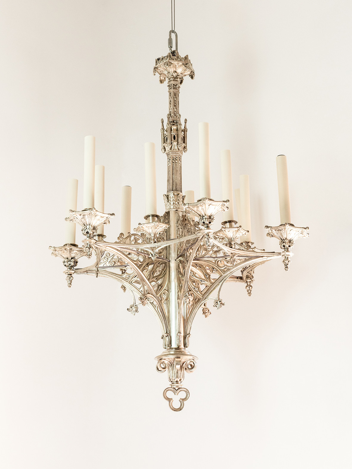 Pair of Neo Gothic chandeliers silver plated bronze by Feuchère