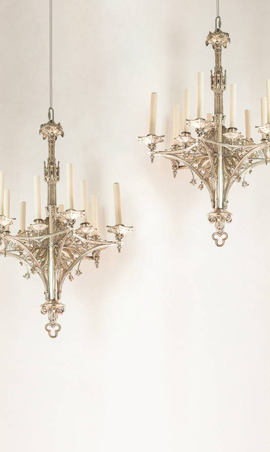 Pair of Neo Gothic chandeliers silver plated bronze by Feuchère