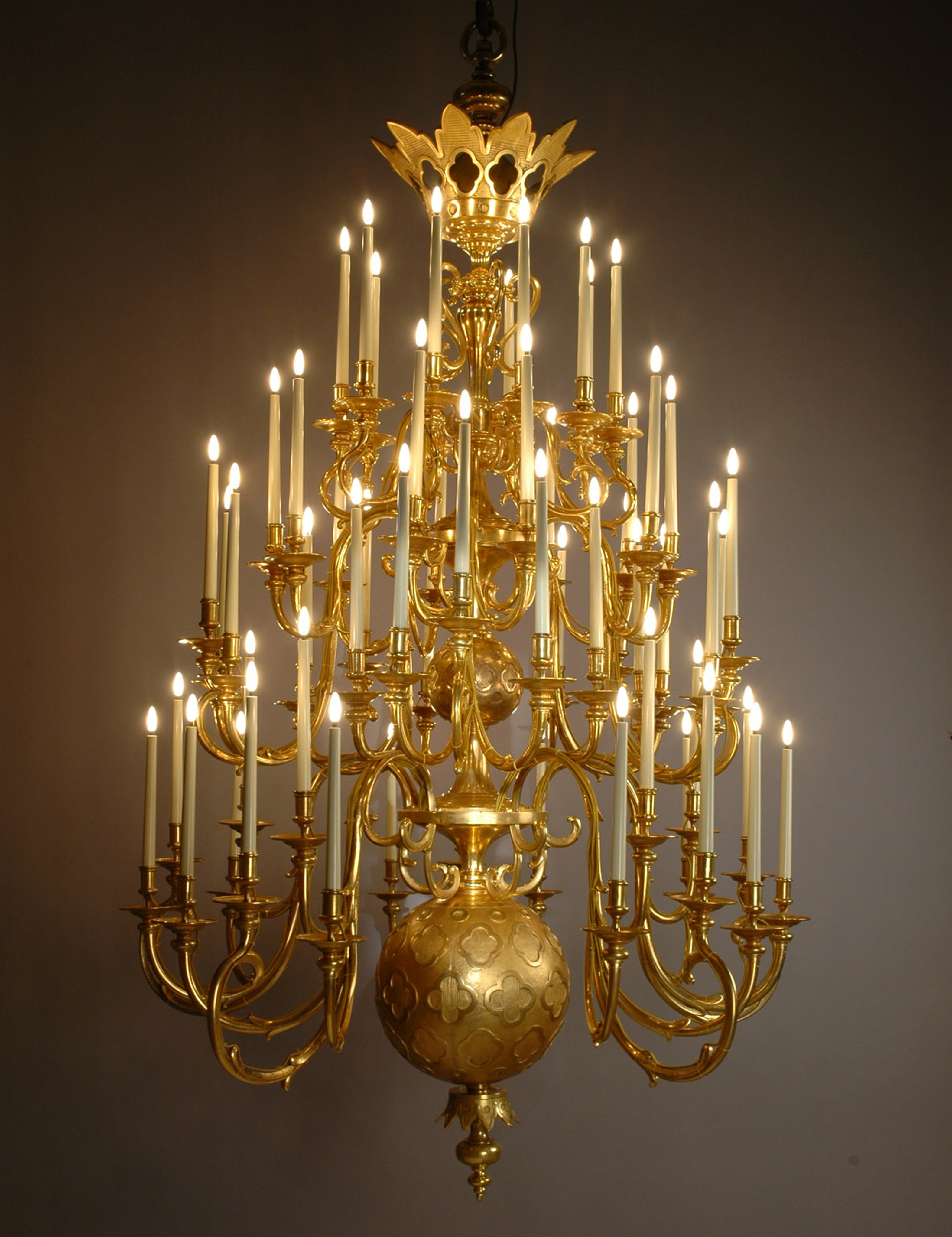 Flemish Candle-Style Brass Two-Tier Chandelier, 20-Light