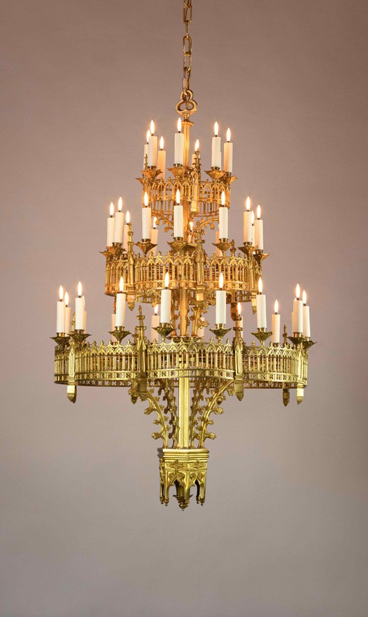 Pair of 3 levels Neogothic gilded chandelier