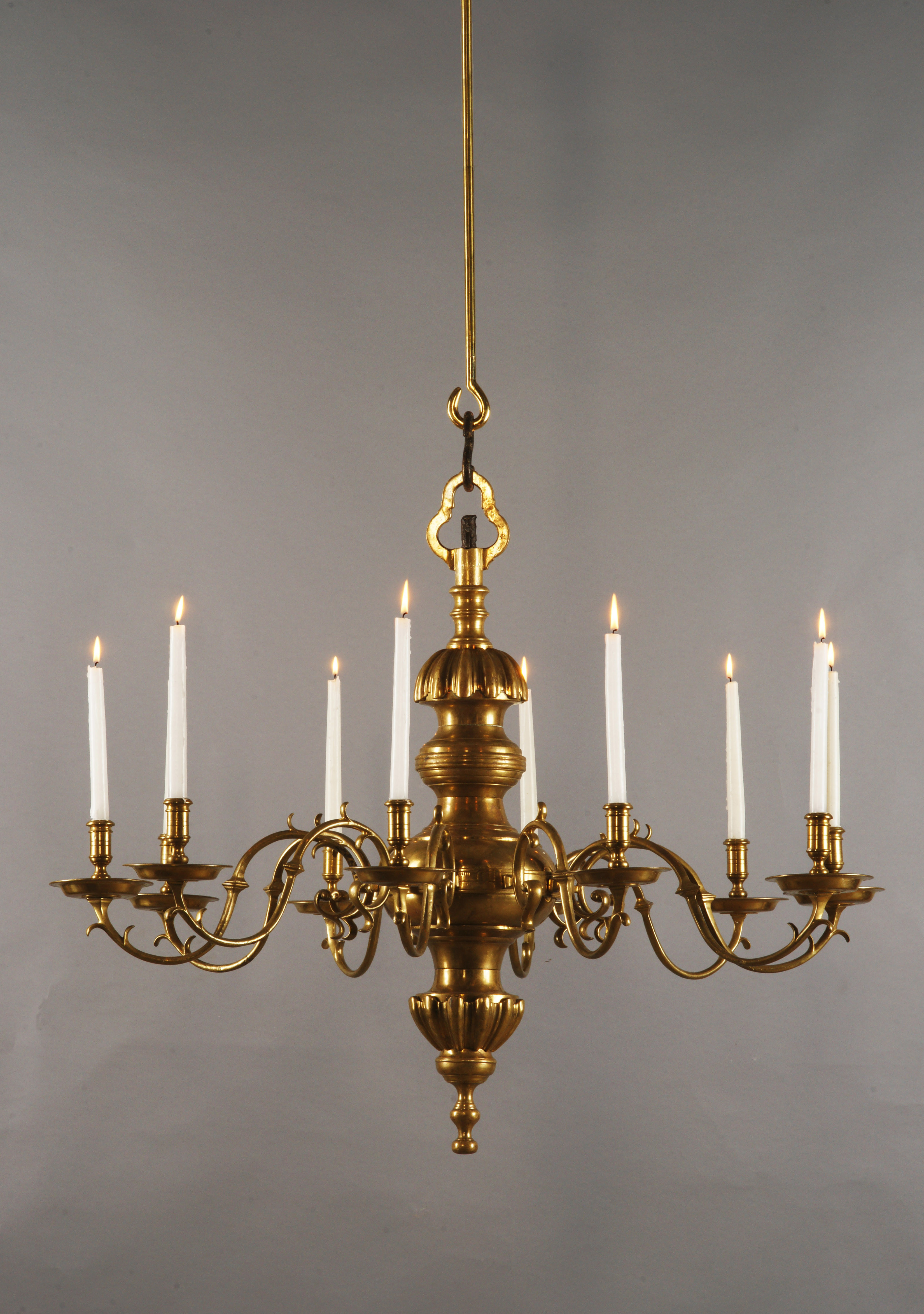 Large Polished Brass Dutch Baroque 12-Light Chandelier For Sale at