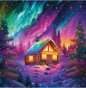 Cozy cabin situated within the deep artic woods lightended by the