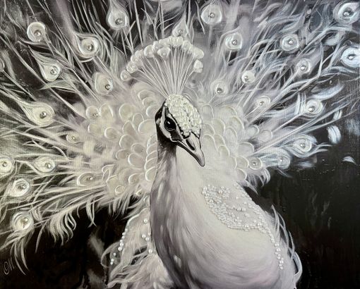 White peacock. Original mixed media wall art on stretched canvas