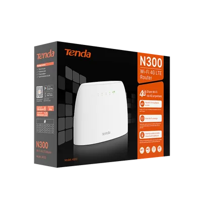 Tenda 4G03 3G/4G LTE N300 Wi-Fi Router, Parental Control, Connects Up to 32 Devices