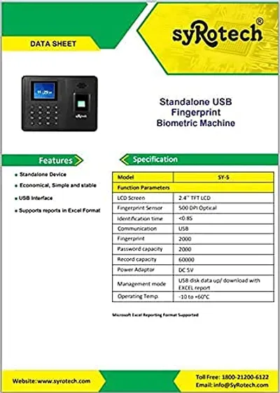 Syrotech Fingerprint Attendance Biometric Machine with USB SY-5