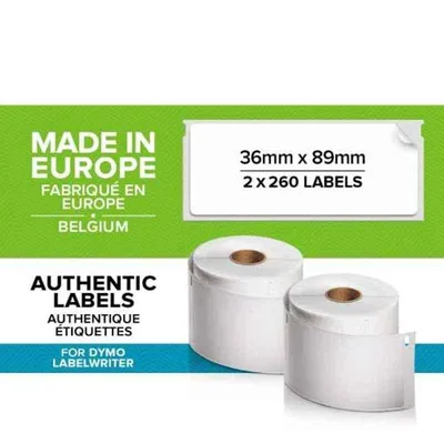 Dymo S0722400 2 Pcs 89x36mm Black Print on White Direct Thermal Label Writer Roll Box, Capacity: 260 Labels Each