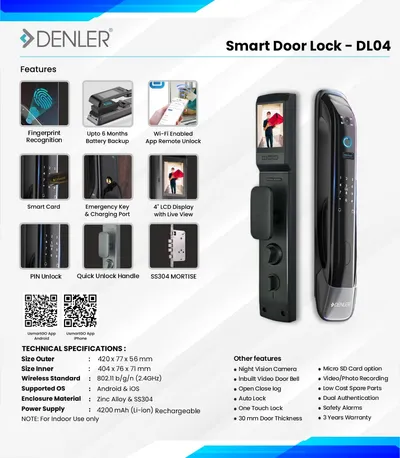 Denler DL04 Smart Door Lock, Digital Door Lock, with LCD Display Photo Video recording & Camera Wi-Fi Remote Unlock Using App, Fingerprint, RFID Card, PIN, Manual Key min 35mm thick Doors 3 Years Warranty