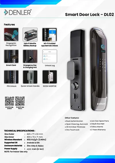 Denler DL02 Denler Smart door lock, Digital door lock, Fingerprint lock with Wi-Fi Remote Unlock App, RFID Card, PIN, Manual Key