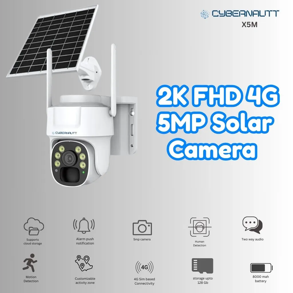 Cybernautt X5M 5MP Full HD 4G SIM Solar Camera with 8000mAh Battery, Motion Detect, IR Night Vision, Alarm, Waterproof & Support SD up to 128GB