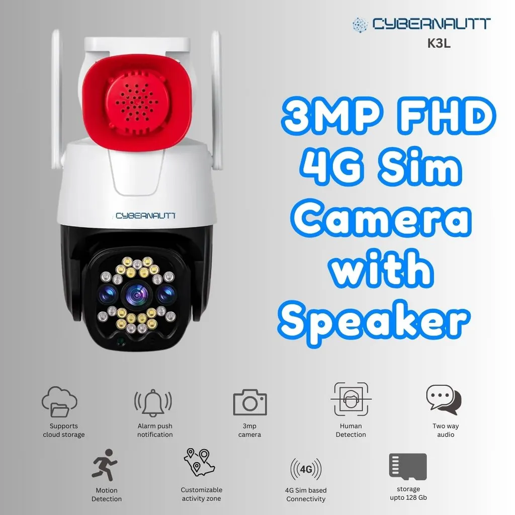 Cybernautt K3L 3MP Full HD PT 4G Sim Camera with 10X Zoom, Motion Detect, Colour Night Vision, Human Detect, 2 Way Audio & Support SD Upto 256 GB