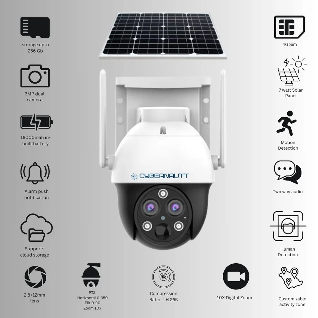 Cybernautt X4E 3MP FHD PTZ 4G Solar Sim CCTV Camera with 10X Zoom, Siren, Motion Detect, IP66 Waterroof, 2 Way Audio & Support SD Upto 256 GB