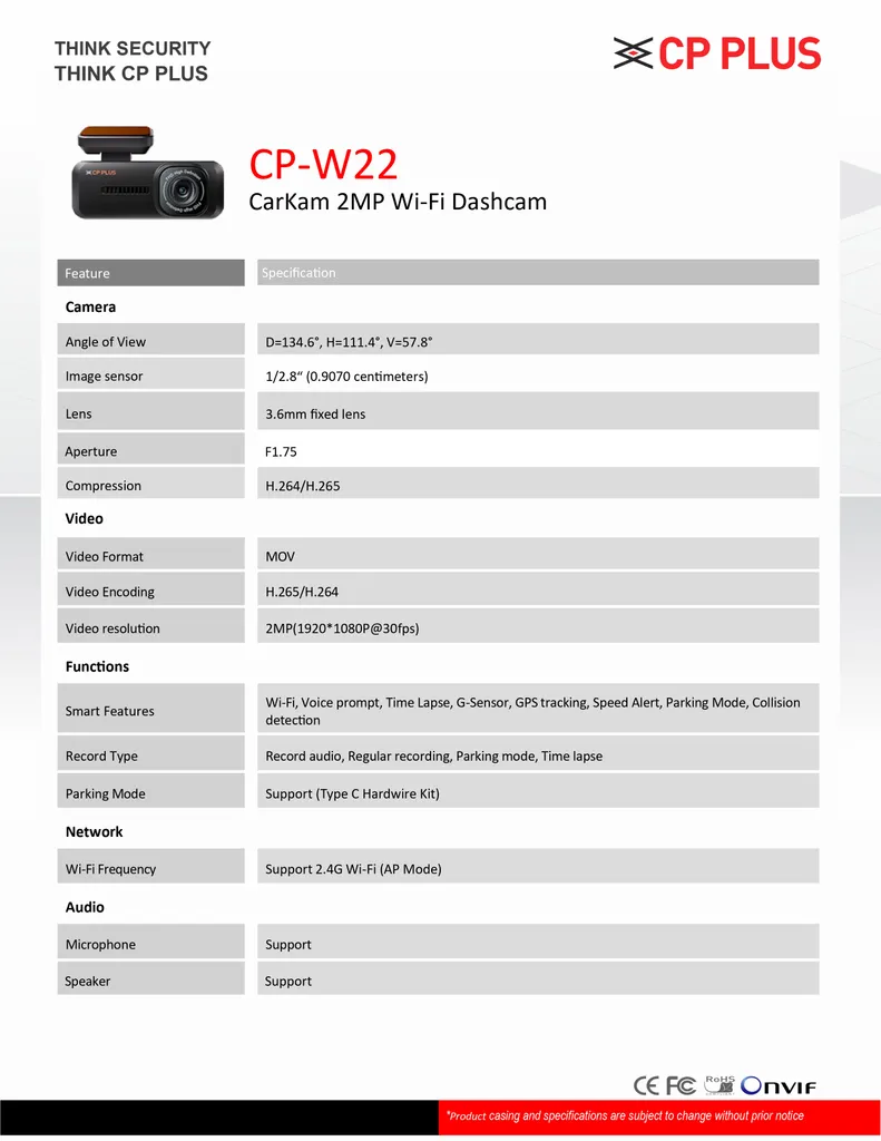 CP-PLUS CP-W22 CarKam 2MP Wi-Fi Dashcam