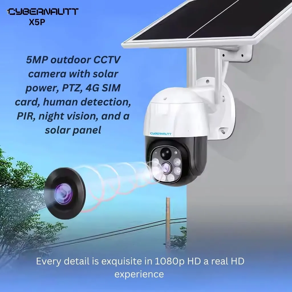 Cybernautt X5P 5MP Full HD PT 4G Solar Sim Camera with Motion Detect, Colour Night Vision, Human Detect, IP66, 2 Way Audio & Support SD Upto 128GB