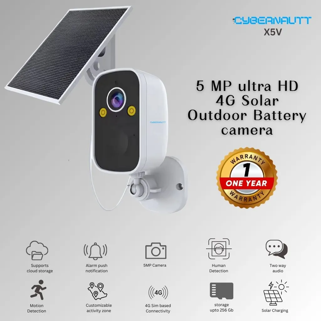 Cybernautt X5V 5MP Ultra HD 4G Solar Sim Camera with Motion Detect, Colour Night Vision, Human Detect, IP66, 2 Way Audio & Support SD Upto 256GB