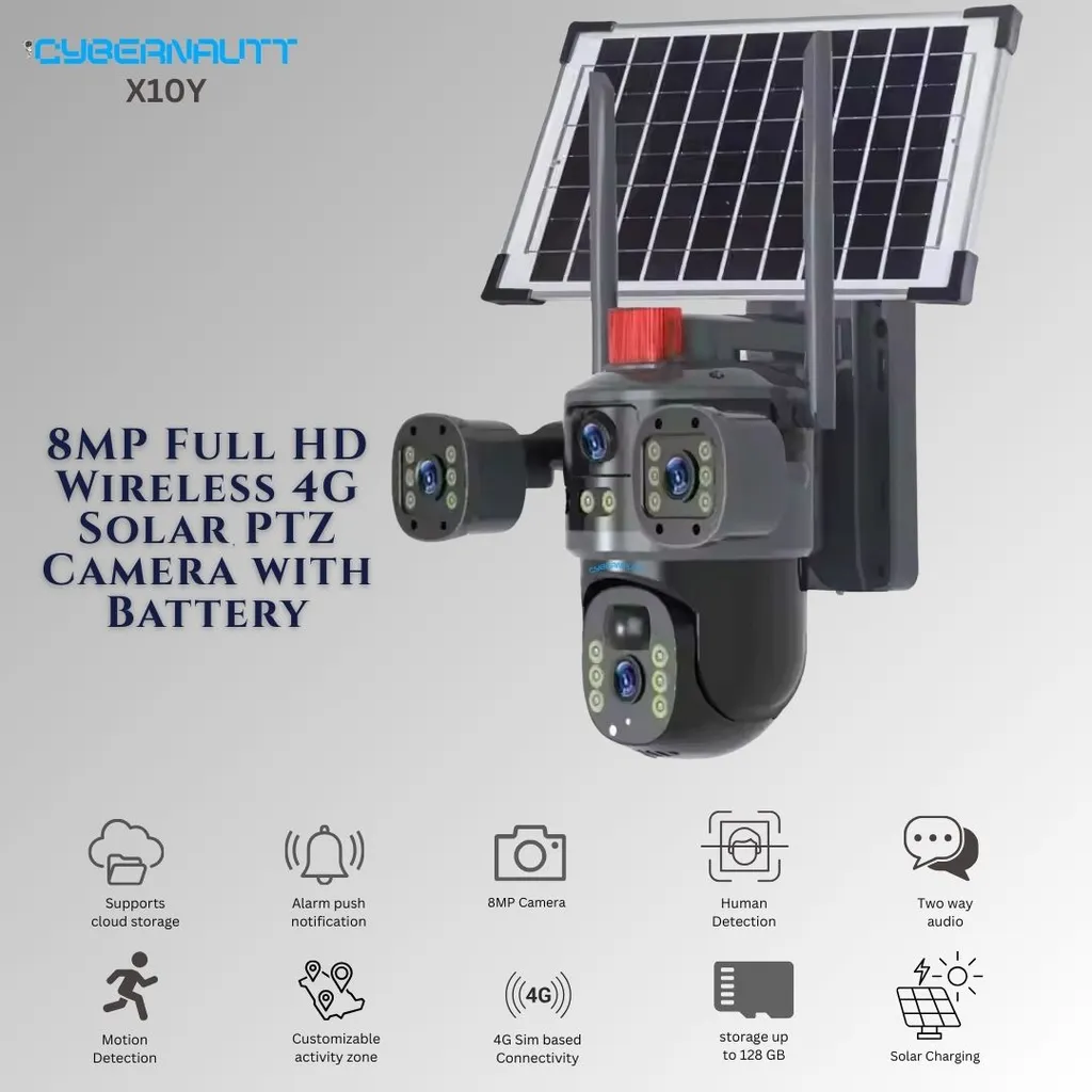 Cybernautt X10Y 8MP Dual Lens Full HD Battery Powered 4G Sim Solar Camera with Human Detect, Motion Detect, 2 Way Audio, Alarm & Support 128GB SD