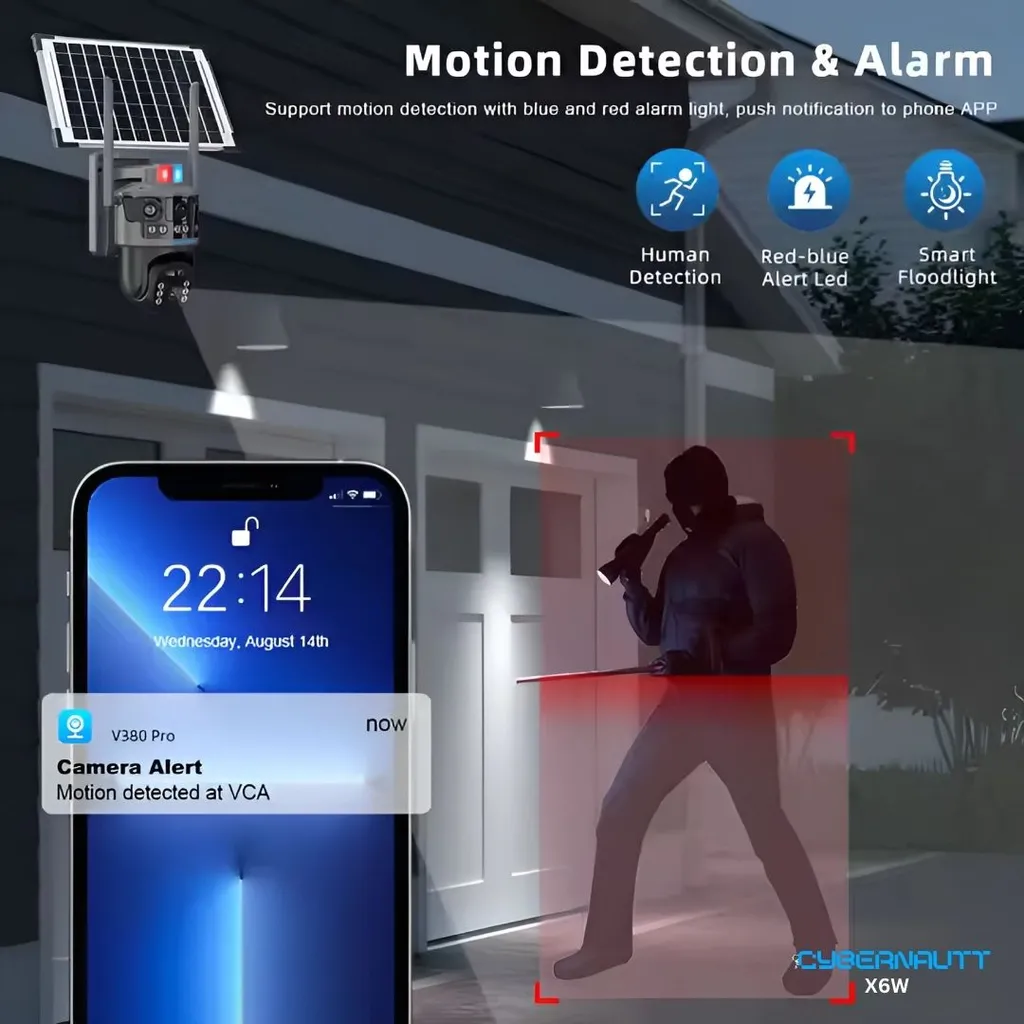Cybernautt X6W, 6MP, Solar, Wi-Fi, Ultra HD-Smart Camera, Human Detect, Motion Detect, 2 Way Audio, Notification, Alarm & Support 128GB SD