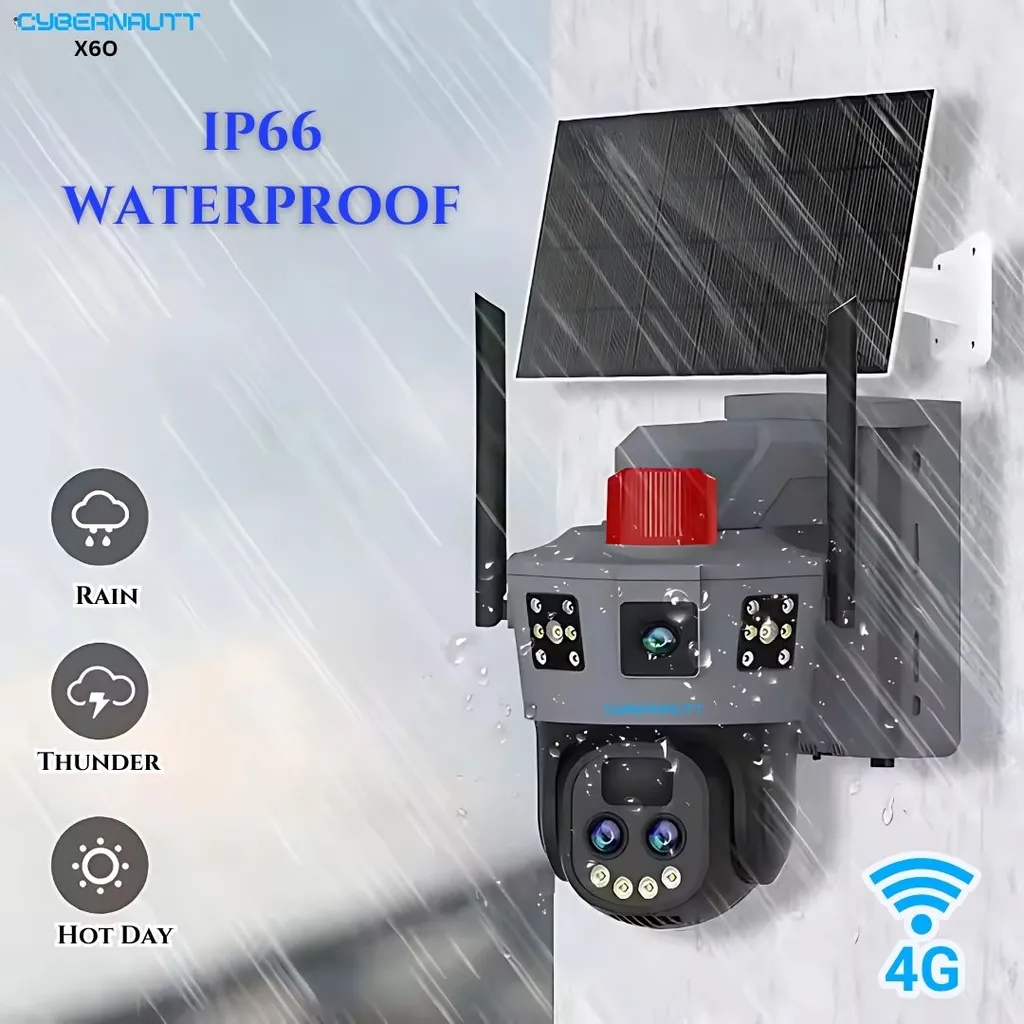 Cybernautt X6O 8MP Triple Lens Full HD 4G Sim Solar Camera with 10x Zoom, Human Detect, Motion Detect, 2 Way Audio, Alarm & Support 256GB SD Card