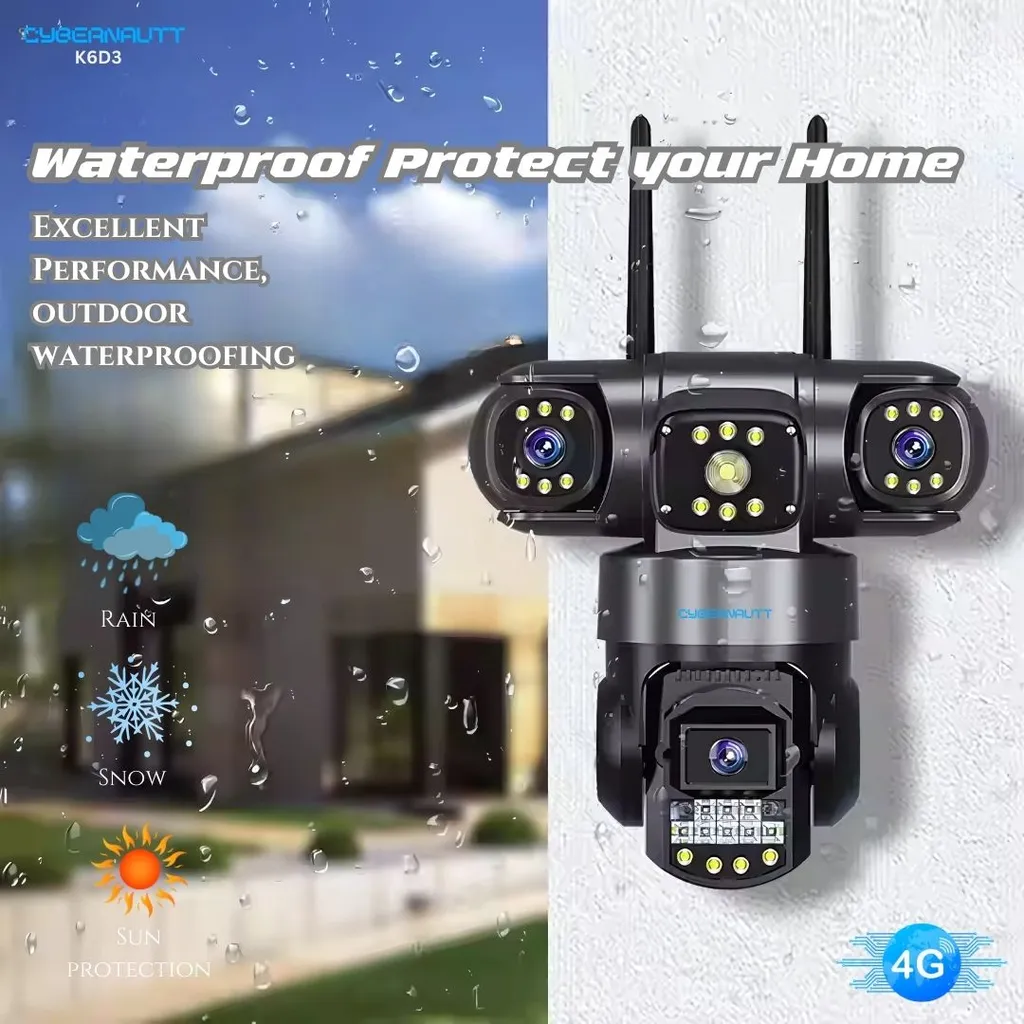 Cybernautt K6D3 6MP Full HD Triple Lens 4G Sim Camera with Human Detect, Motion Detect, 2 Way Audio, IP66, Notification, Alarm & Support 128GB SD