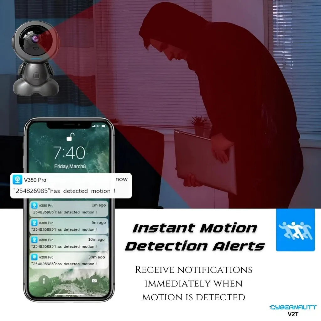Cybernautt V2T 2MP Full HD Pan Tilt Smart Wi-Fi Camera with Night Vision, Human Detect, Motion Detect, 2 Way Audio, Alarm & Support 128GB SD Card