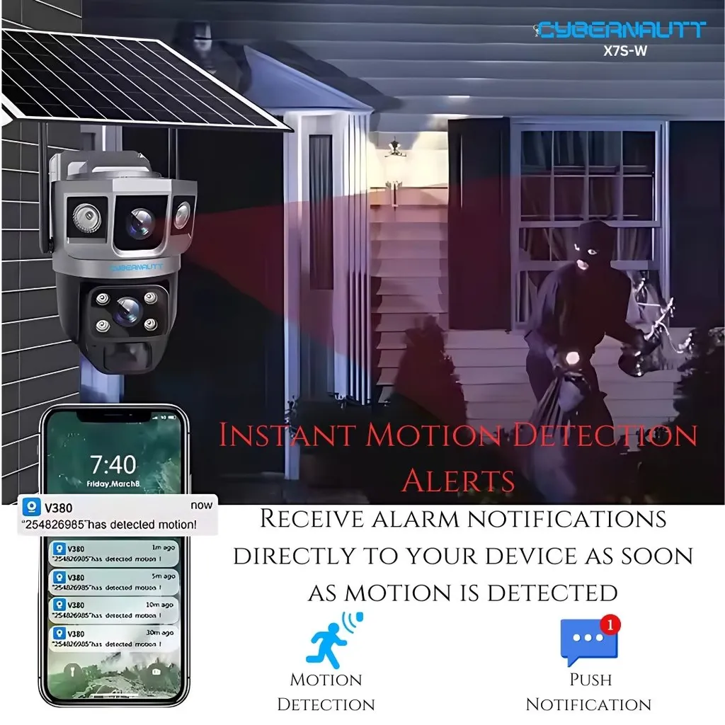 Cybernautt X7S-W 6MP Dual Lens UHD PT Solar Smart Outdoor Wi-Fi Camera with Night Vision, Human/Motion Detect, 2 Way Audio, Notification & Support 128GB SD