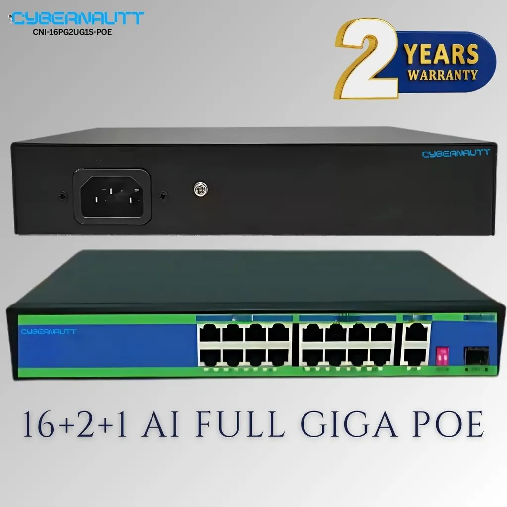 Cybernautt CNI-16PG2UG1S-POE 16+2+1 Port AI Full Giga POE Switch with 2 Uplink, 1 SFP Port, Watchdog, Lightning Protect & Built-in Power Supply