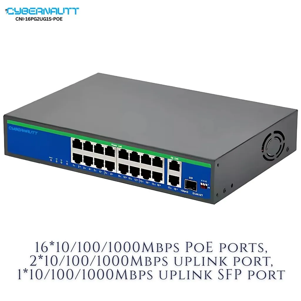 Cybernautt CNI-16PG2UG1S-POE 16+2+1 Port AI Full Giga POE Switch with 2 Uplink, 1 SFP Port, Watchdog, Lightning Protect & Built-in Power Supply