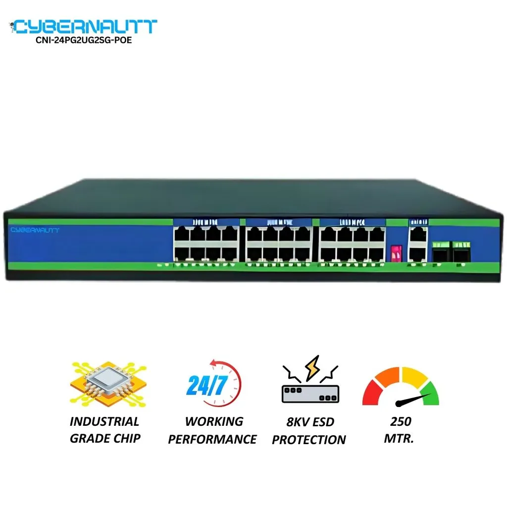 Cybernautt CNI-24PG2UG2SG-POE 24+2+2 Port AI Full Giga POE Switch with 2 Uplink/SFP Port, Watchdog, Lightning Protect & Built-in Power Supply