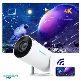 Cybernautt PJ04 2500 Lumens Android Portable Projector FHD 1080p Native, 4K Support, Bluetooth + Wi-Fi, Wireless Screen Mirroring, 120