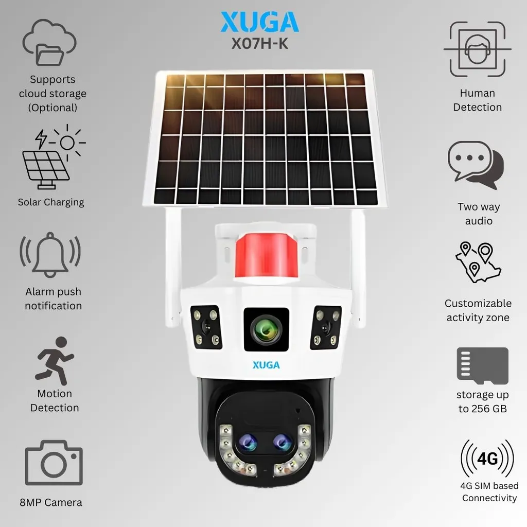 XUGA X07H-K 8MP AI Powered 2 Lens 3 Views 4G Sim Linkage Solar CCTV Outdoor Camera | 2 Way Talk | Human/Motion Detect | Colour Night Vision | Alarm | 10X Zoom | Weatherproof | PTZ | Support SD Upto 256GB
